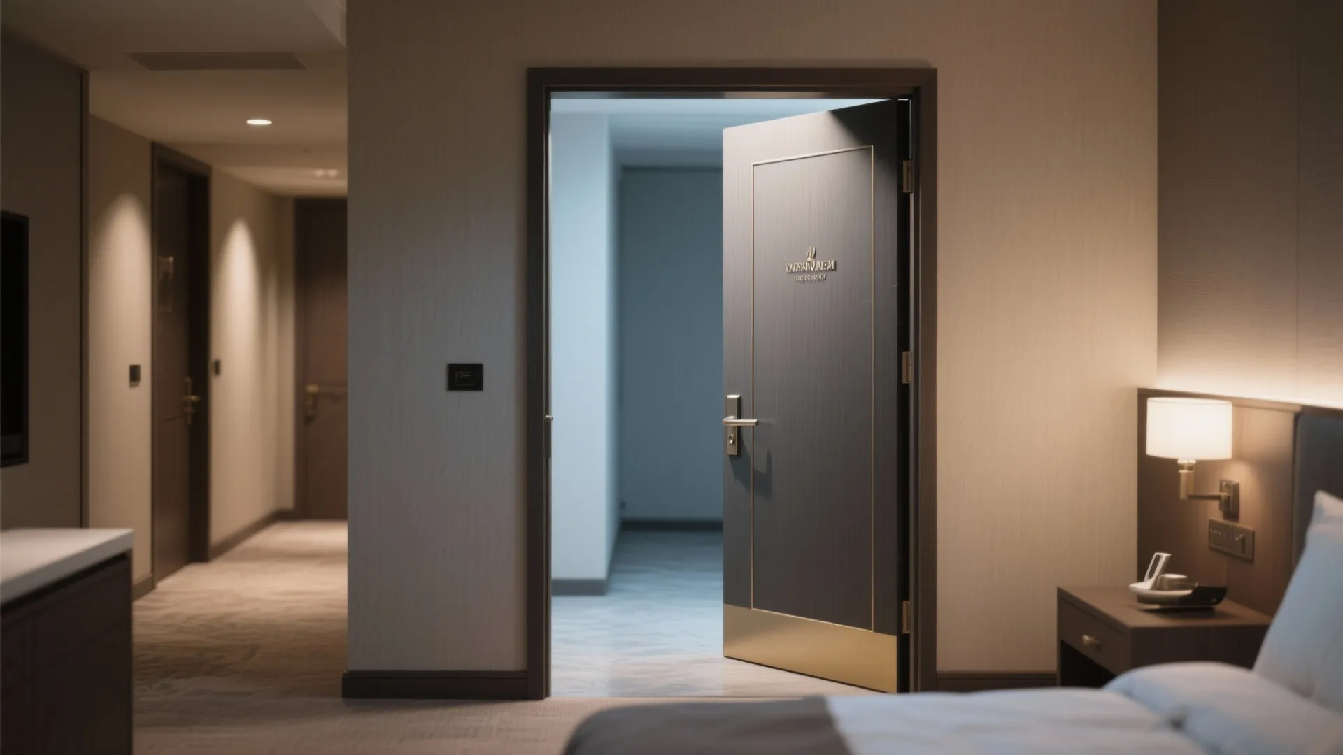 Bedroom doorway with solid closure highlighting privacy and soundproofing in a suite.
