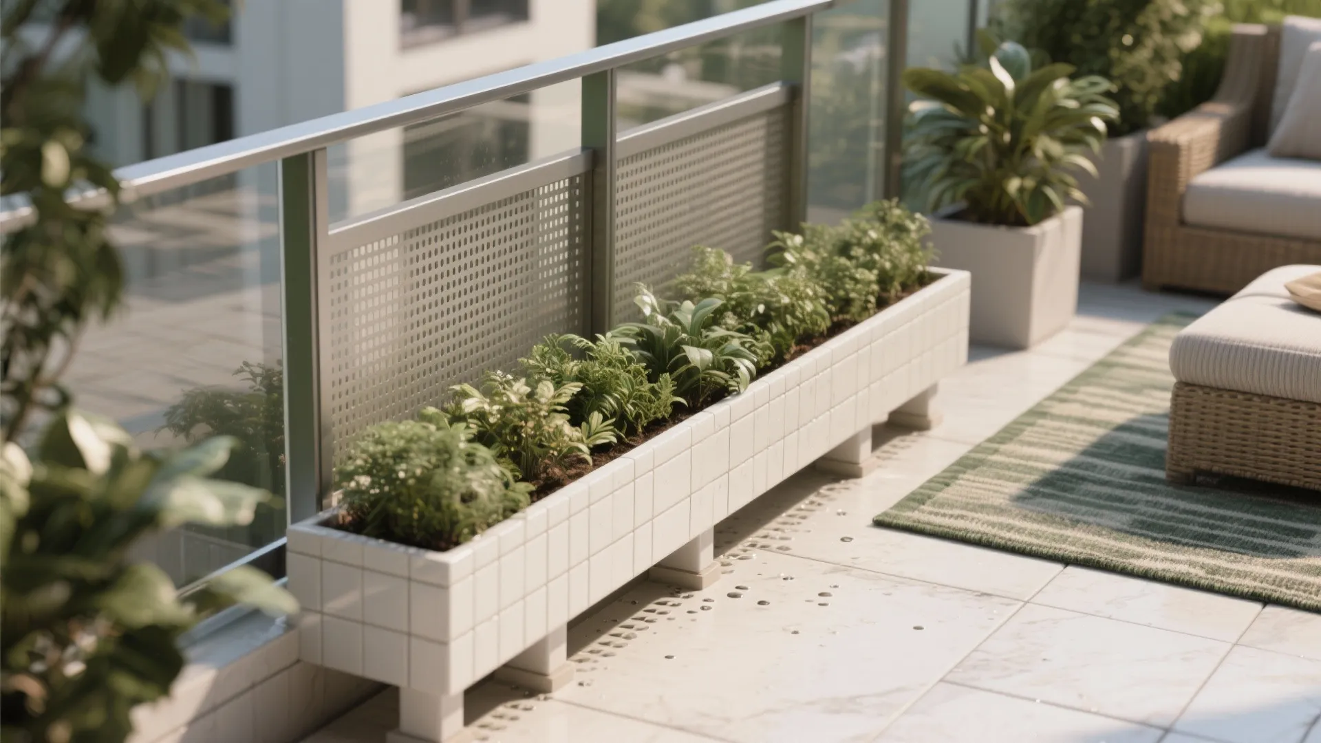 Modern balcony featuring white tile plant box with green leaves and outdoor seating on rug
