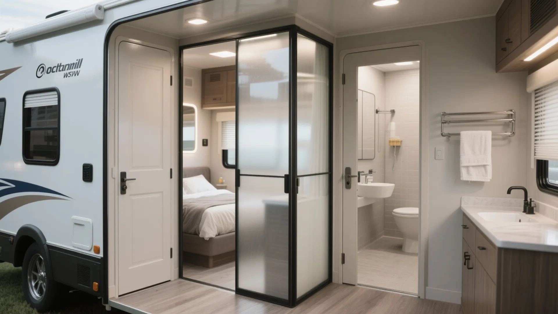RV interior showing frosted partition and door orientation improving privacy and flow