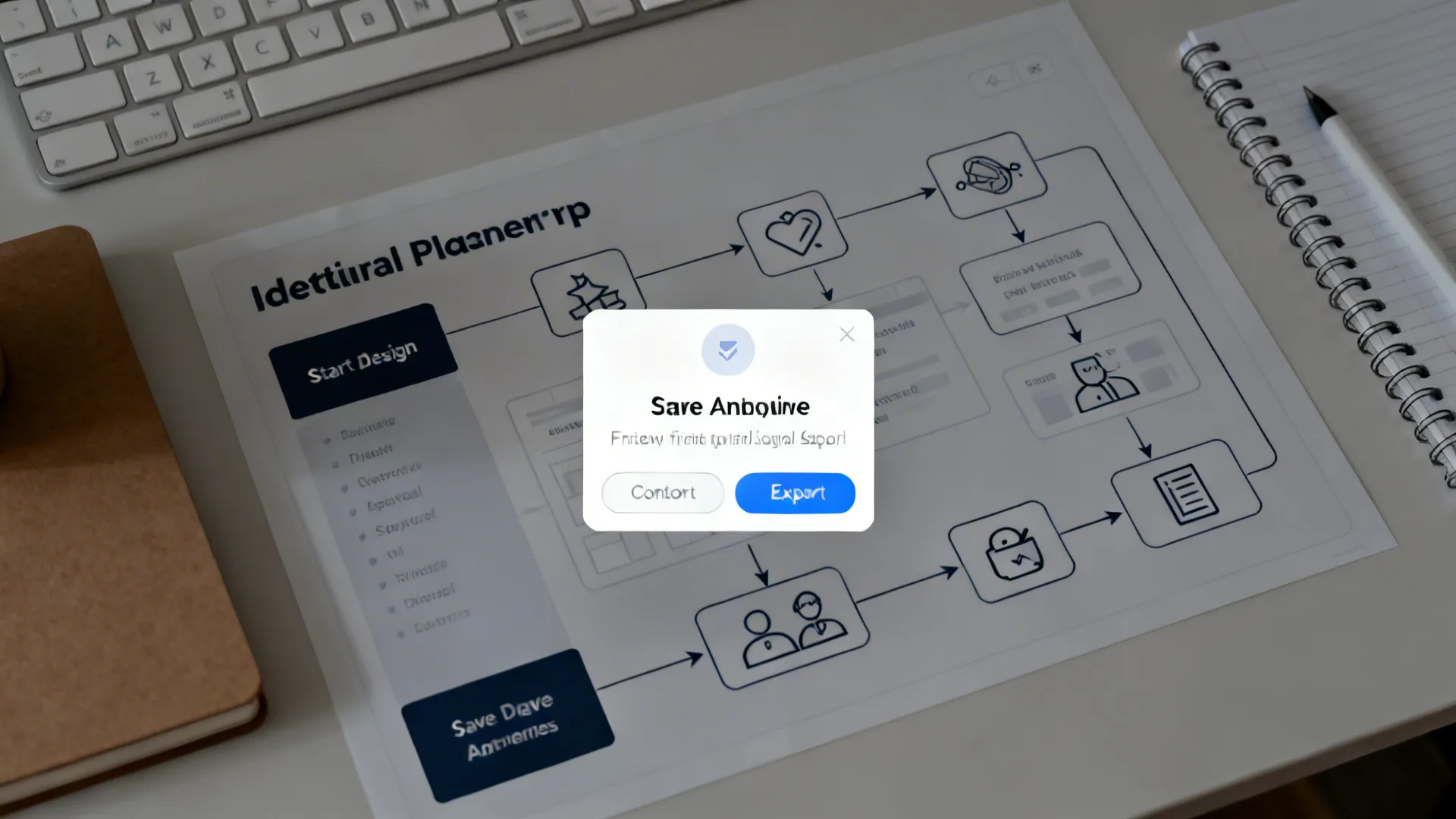 Top-down UX flow showing start, anonymous save, and optional export sign-up steps.