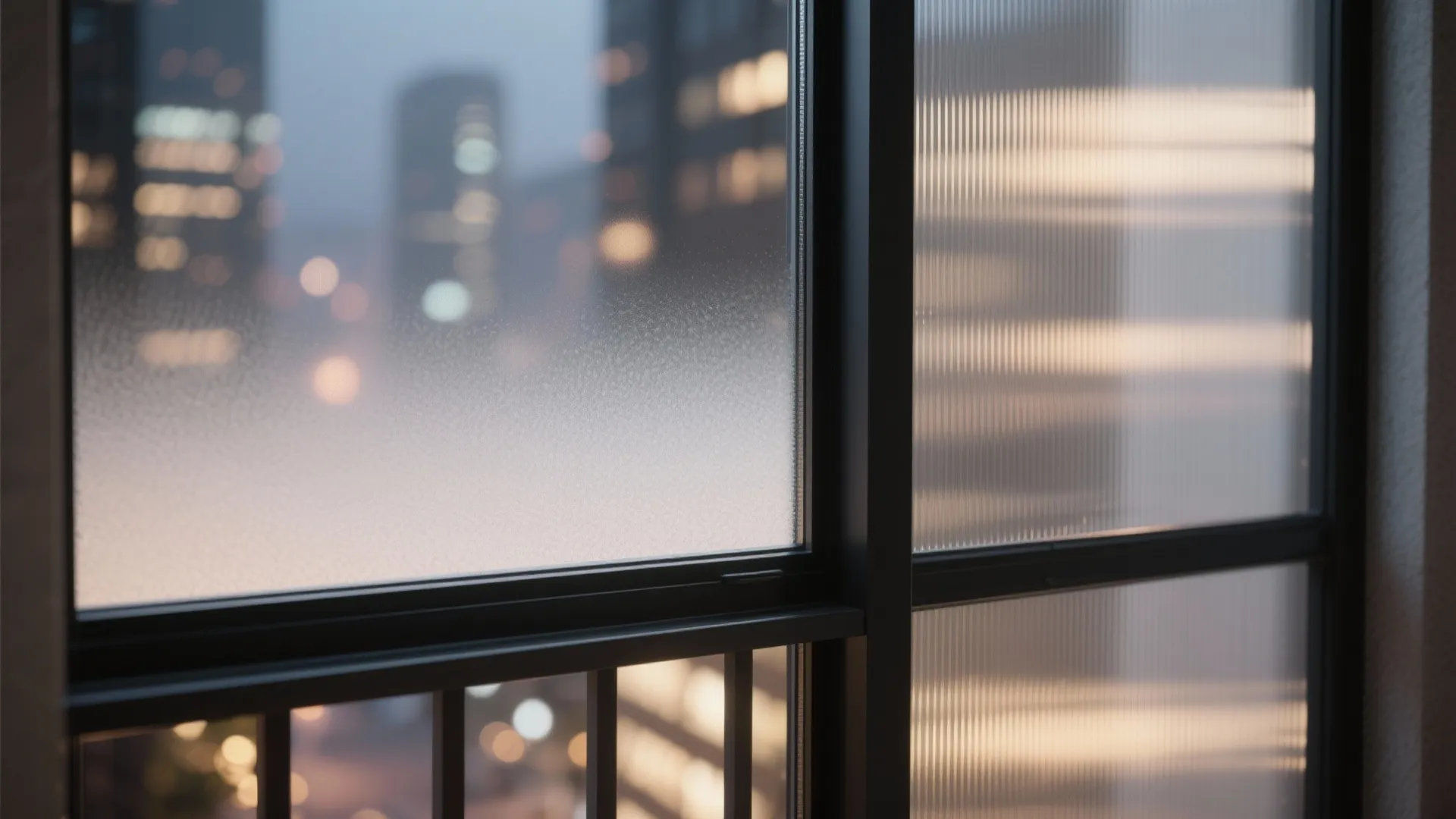 Gradient frosted and reeded laminated panels in a balcony window design glow softly while obscuring views for privacy.