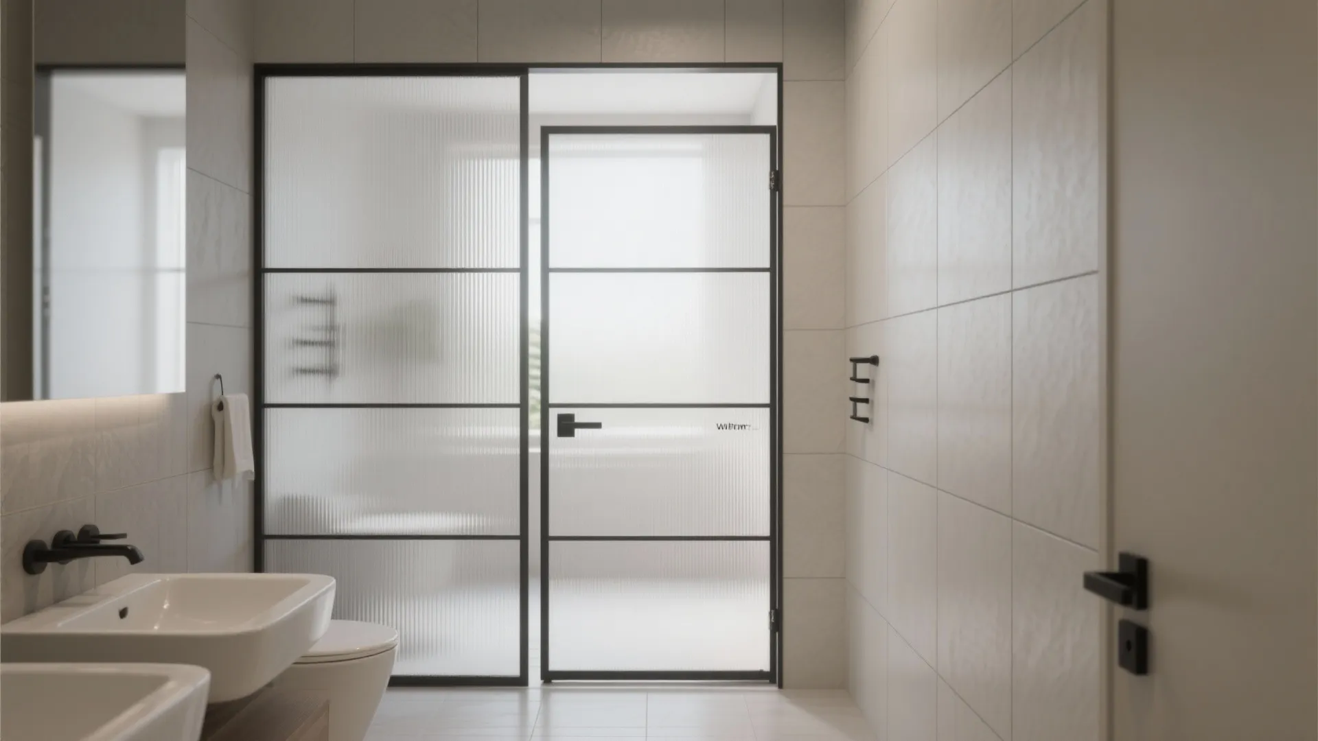 Bathroom interior featuring a black metal frame glass partition door with white sinks and tiles