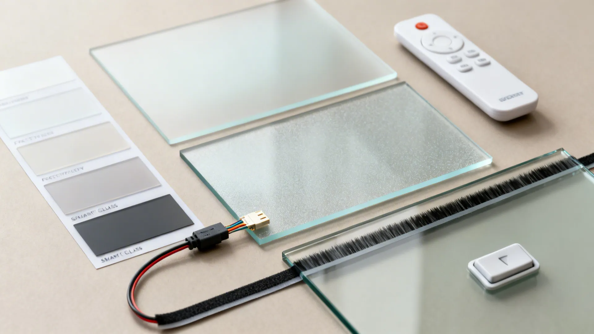 Flatlay of frosted film, etched glass, smart glass sample, and seals under soft daylight.