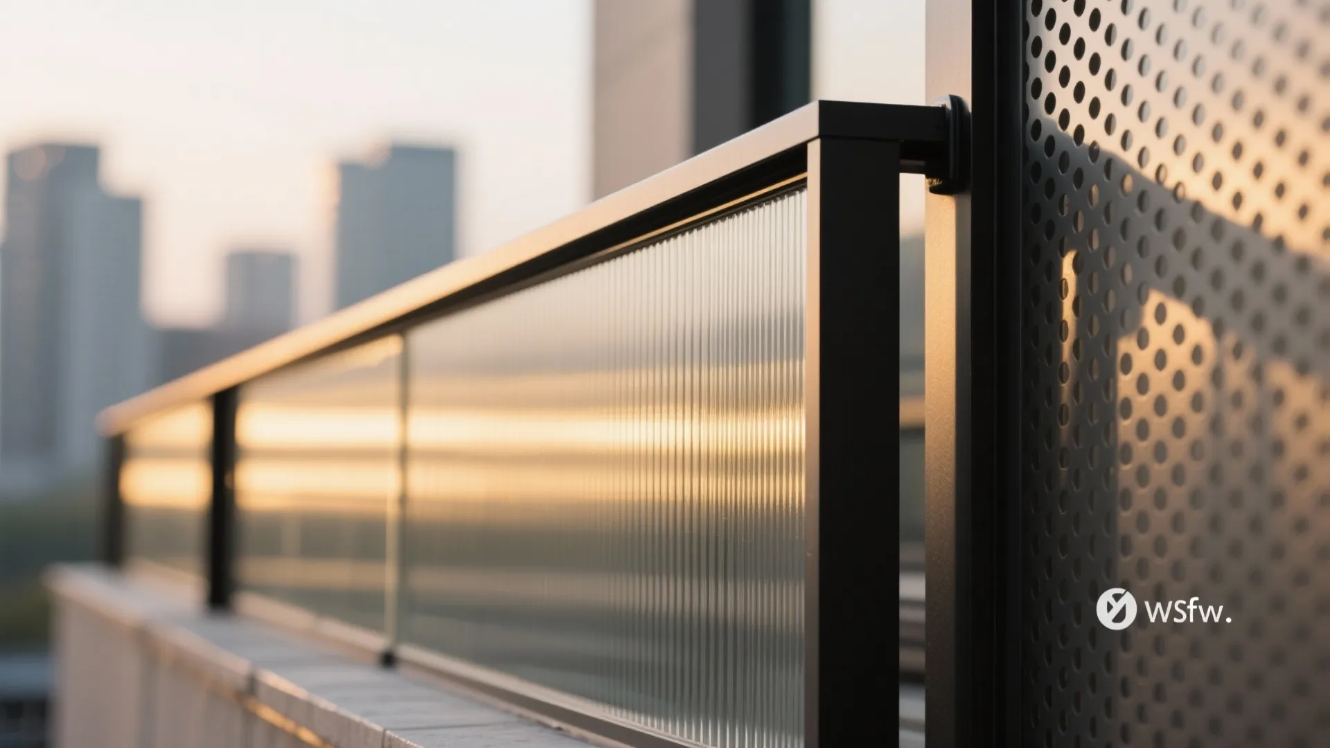 Close up of balcony railing with textured privacy glass and black metal frame during sunset