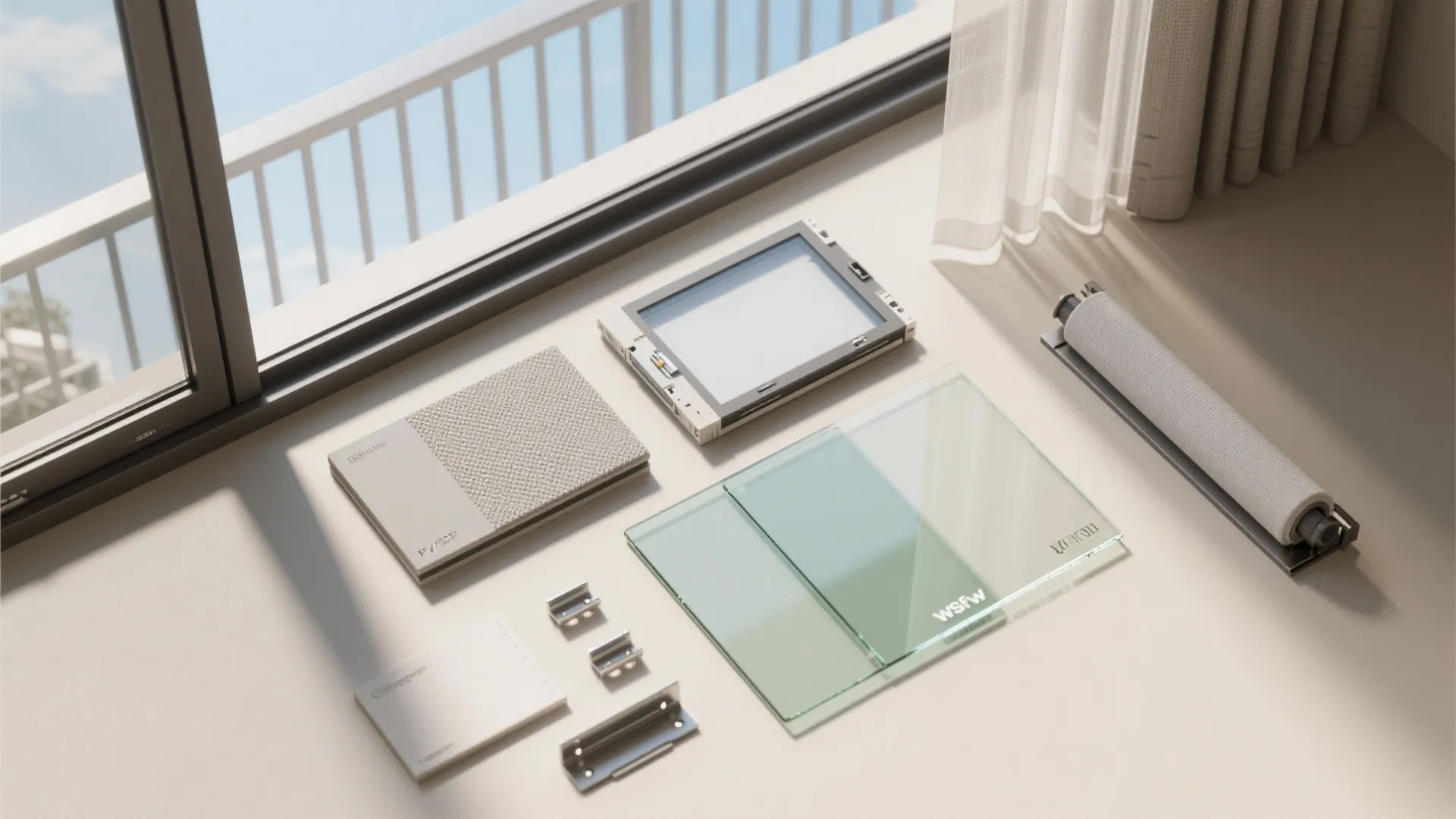 Interior design materials including glass panels and fabric samples laid out on a bright table