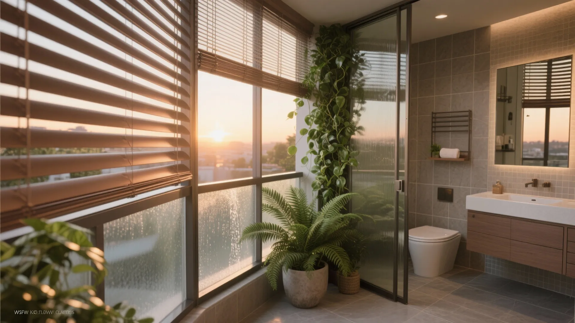 Modern bathroom with sunset view through window blinds green plants white toilet and wood cabinet