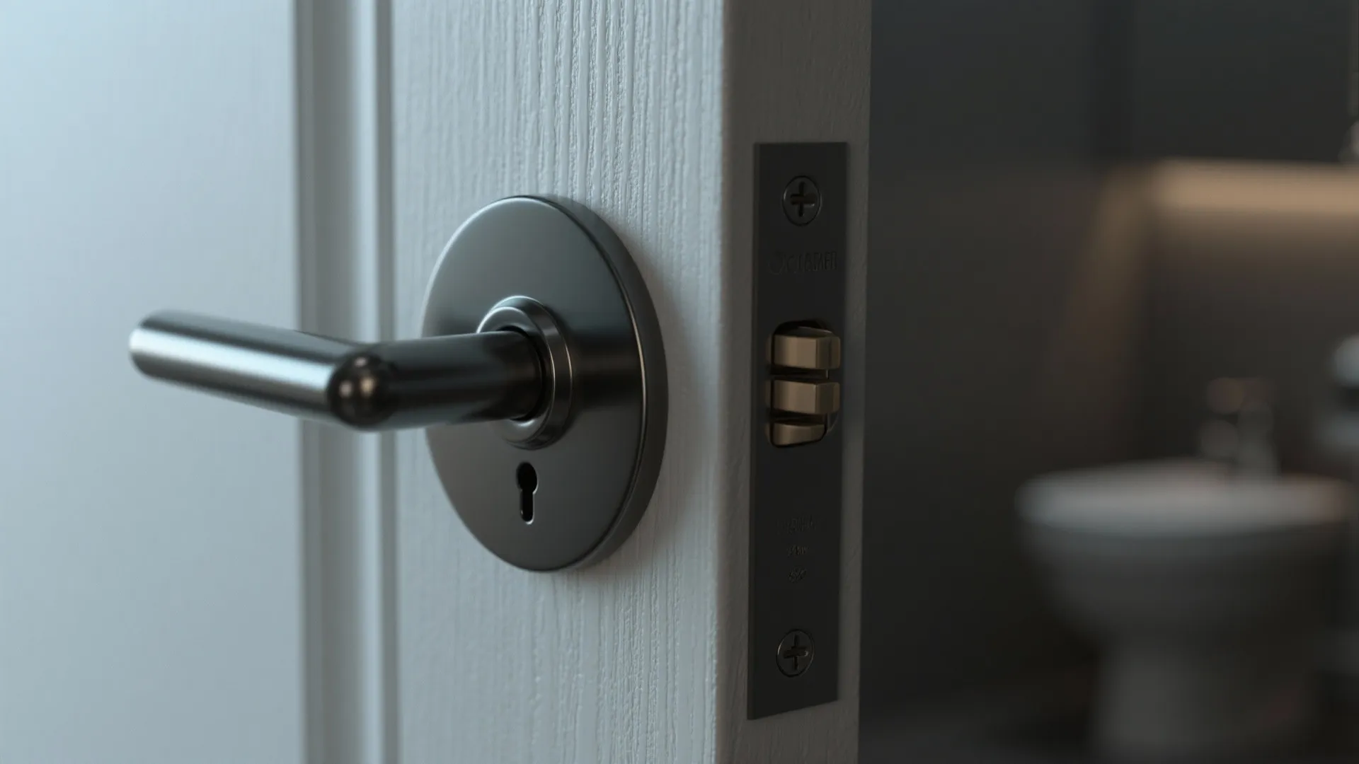 Close up of a black metal door handle and lock mechanism on a white door