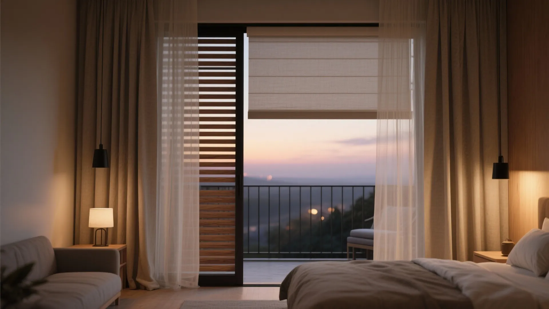 Layered privacy: sheers, blackout, and screens