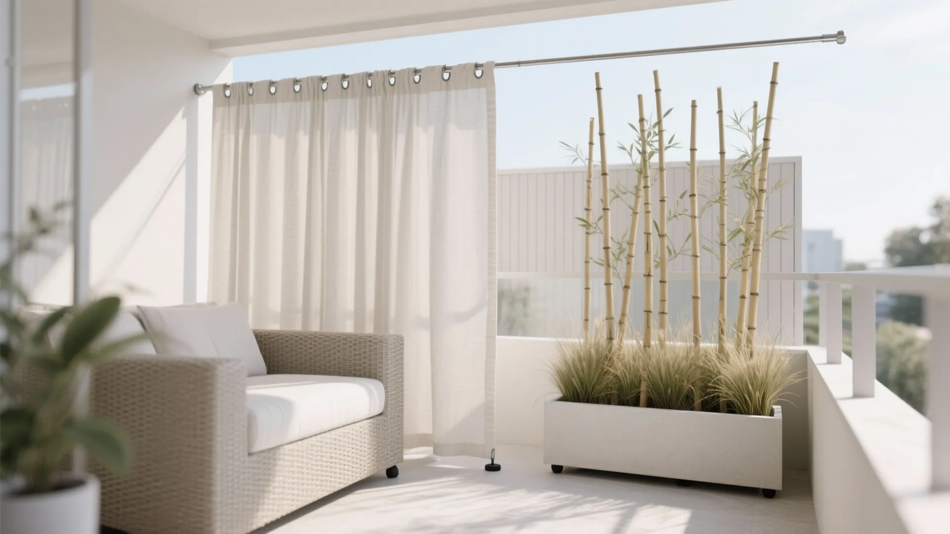 Layered privacy: screens, outdoor curtains, and plants