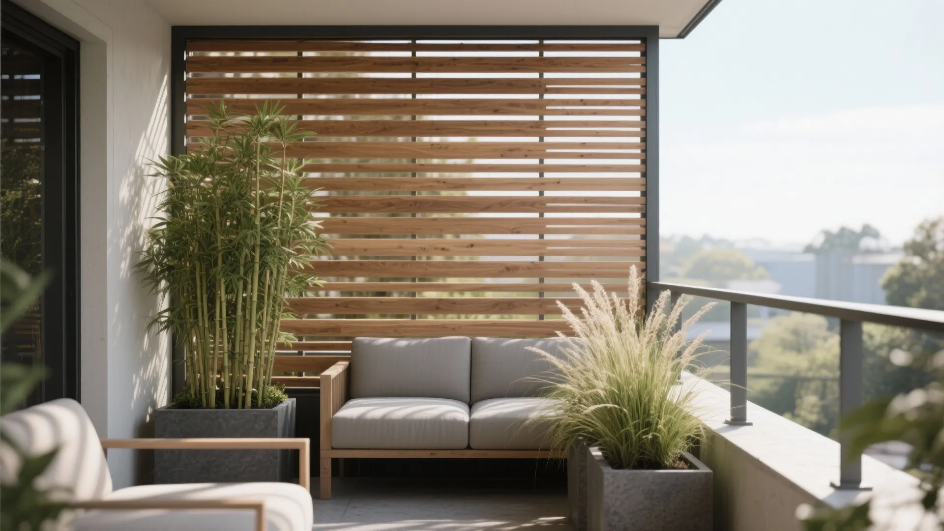 Modern outdoor balcony featuring a wooden wall panel screen with sofa and potted green plants