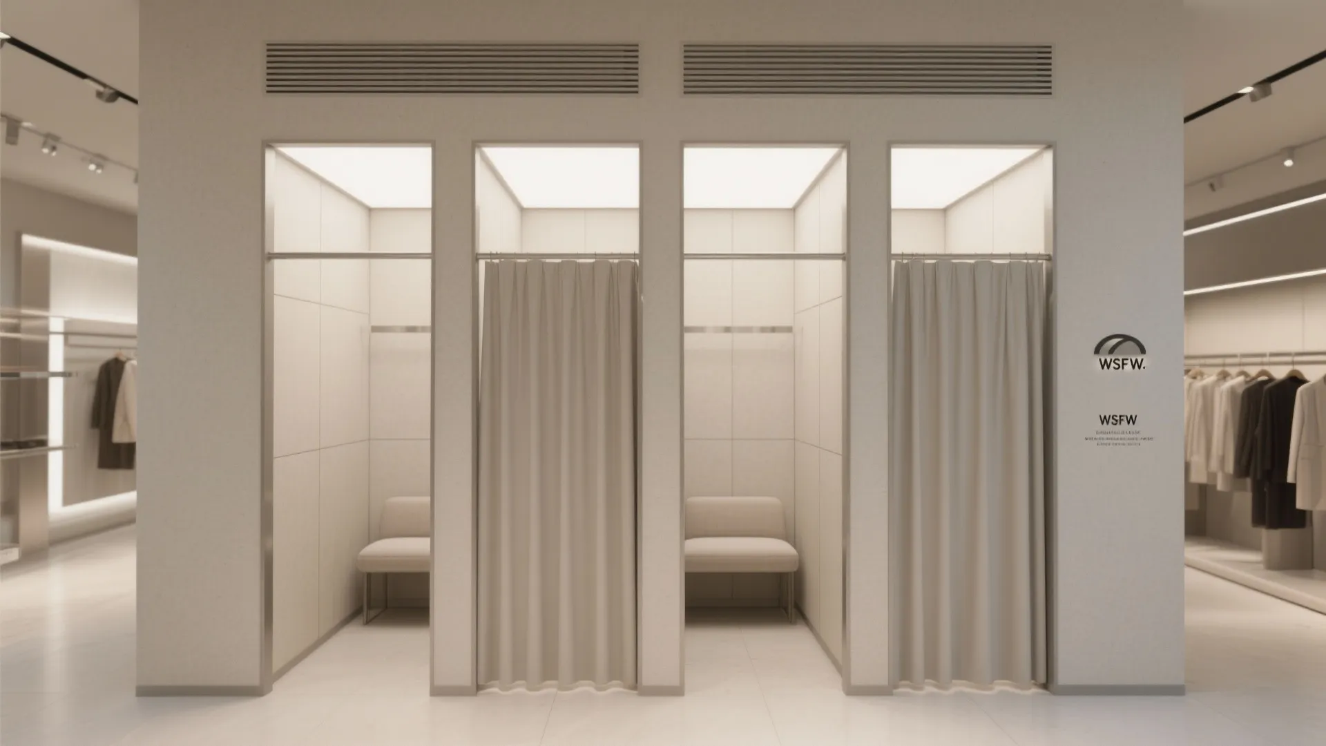 Modern clothing store fitting rooms with beige curtains small chairs soft lighting and minimalist wall design