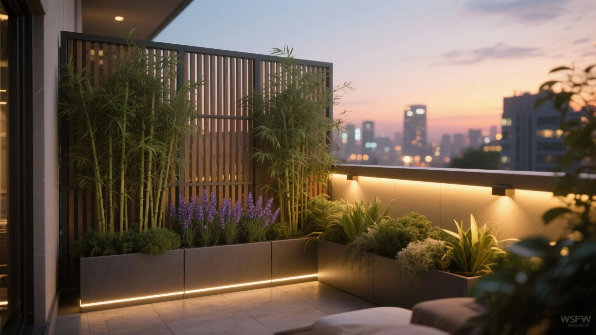 Dusk balcony with slatted privacy screen, clumping bamboo planters, and warm 2700K LED glow.