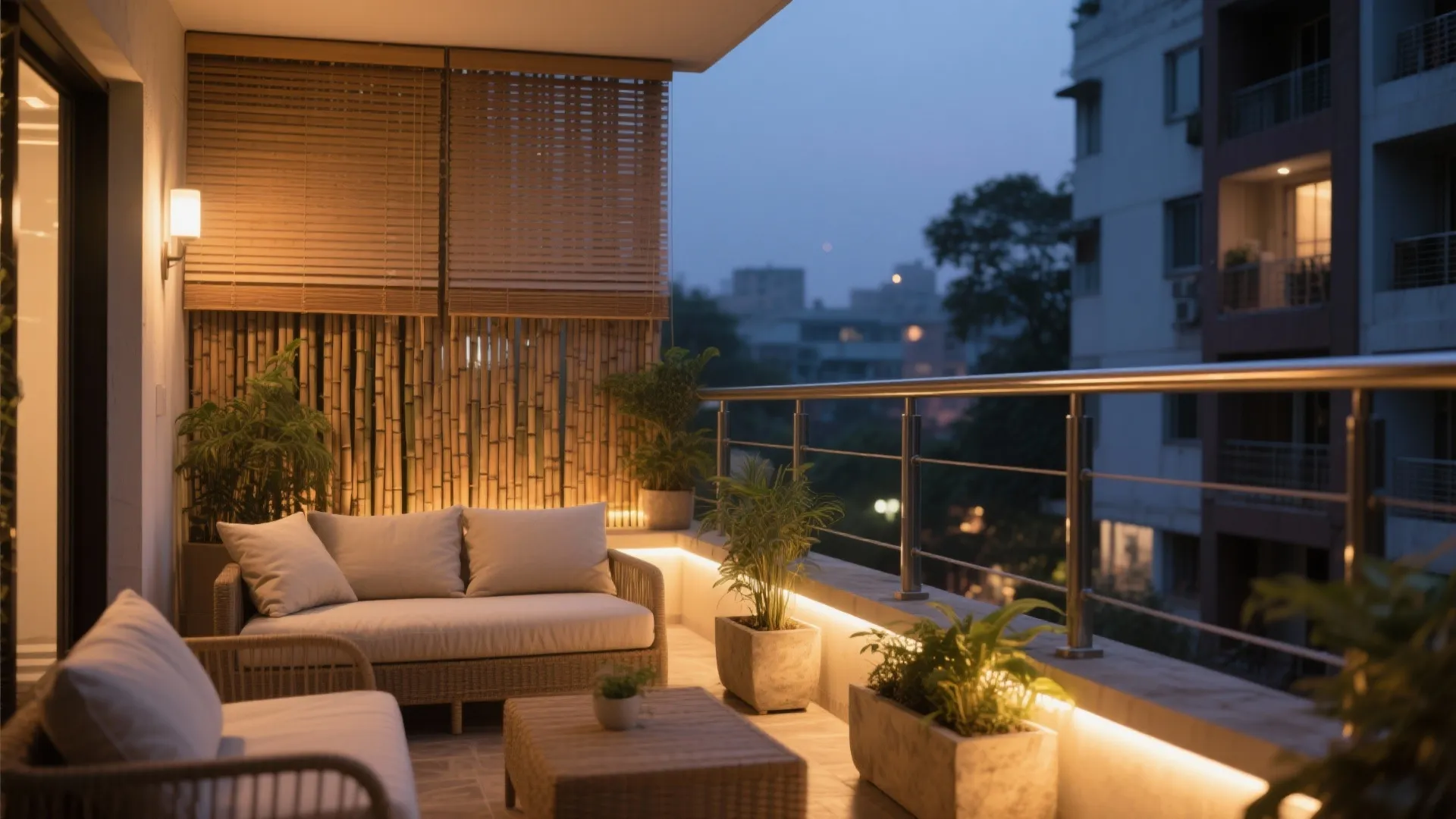 Evening balcony with bamboo screens, sheer blinds, and warm dimmable LED strips for privacy and ambience.