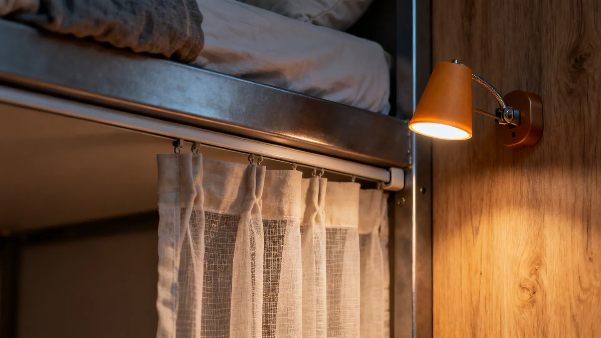 Close-up of a bunk privacy curtain rail with a warm-dimmable clip-on reading light.