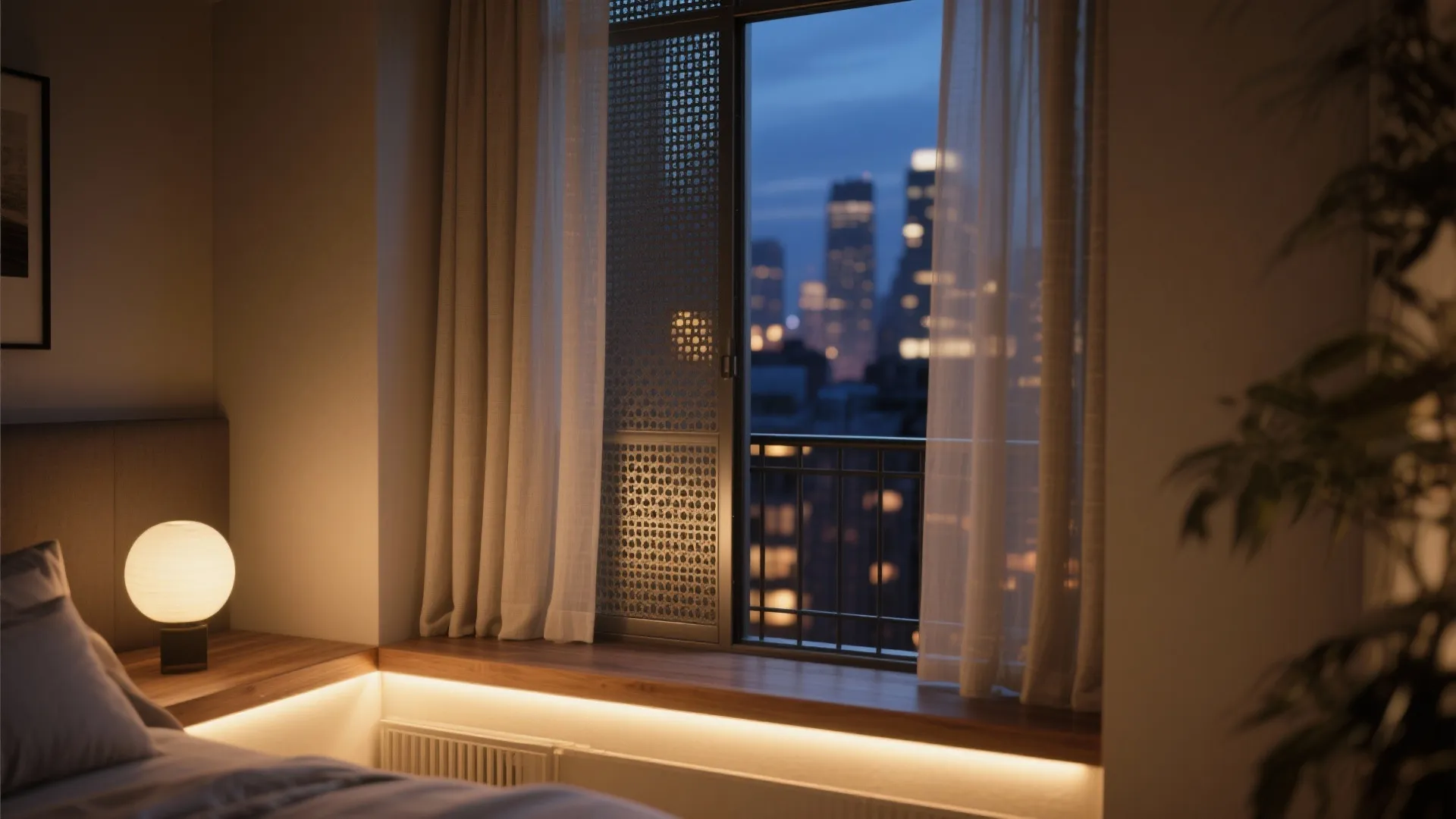 Bedroom at night with warm light fixture wooden ledge white curtain and city view window