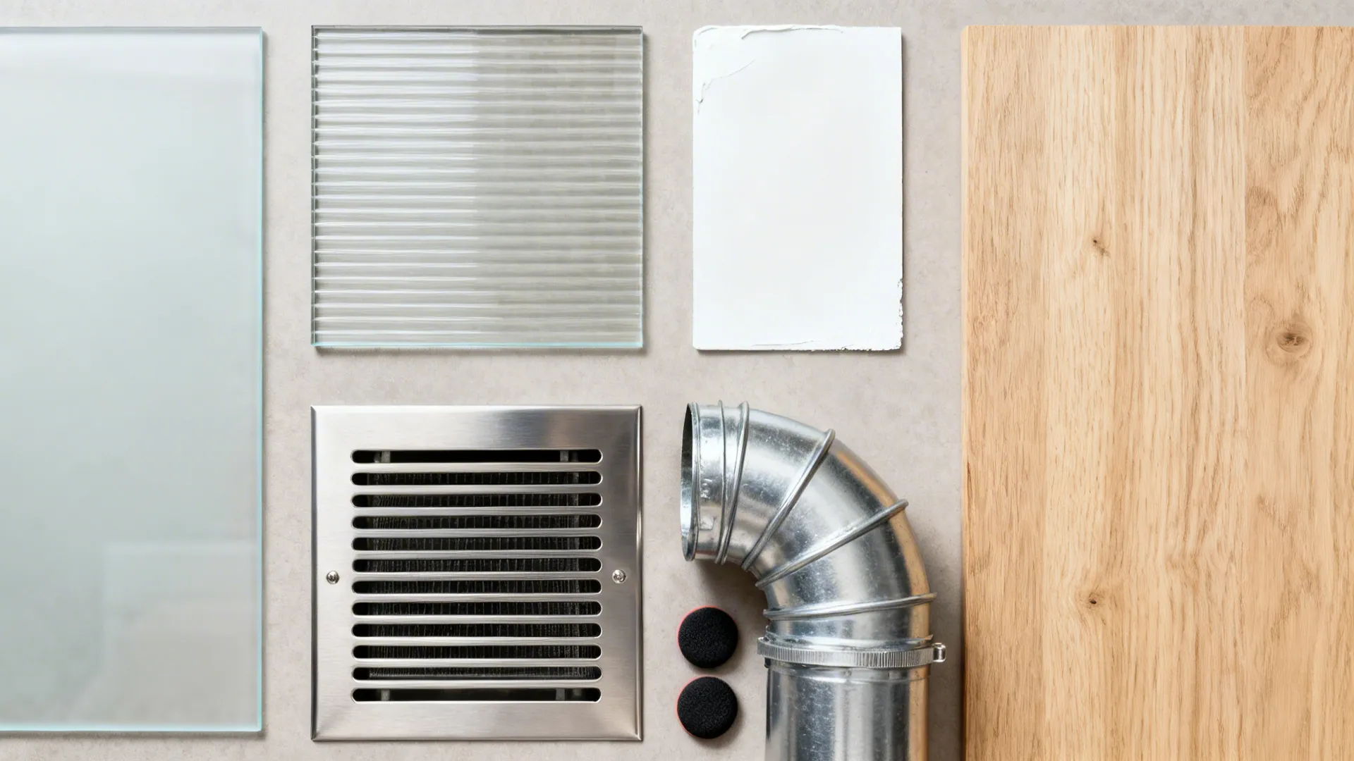 Top-down materials: frosted and reeded glass, vent grille, smooth metal duct, neoprene mounts, oak veneer, white paint.