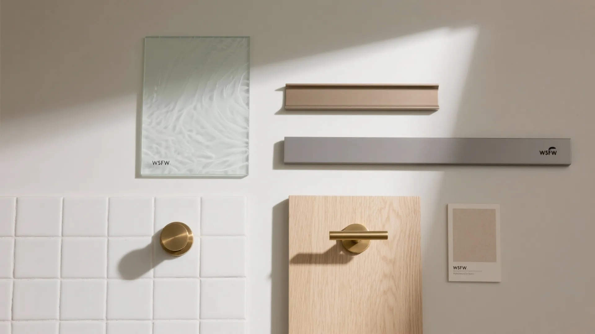 Flat lay of frosted glass, slim aluminum bar, zellige tile, and brass hardware