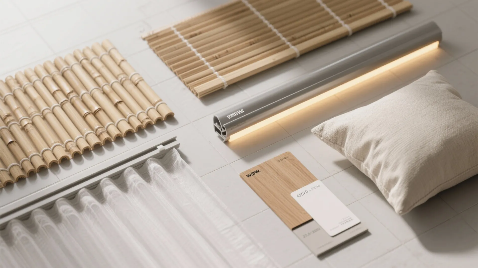 Flatlay of bamboo and PVC screen samples, sheer blind fabric, warm LED strip, and cushion swatch.