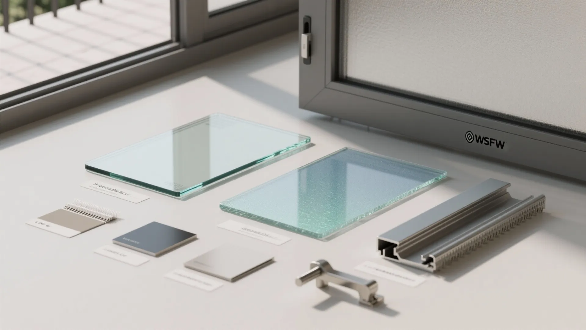 Flatlay of clear and frosted glass samples, coatings, aluminum finishes, and hardware for balcony doors.