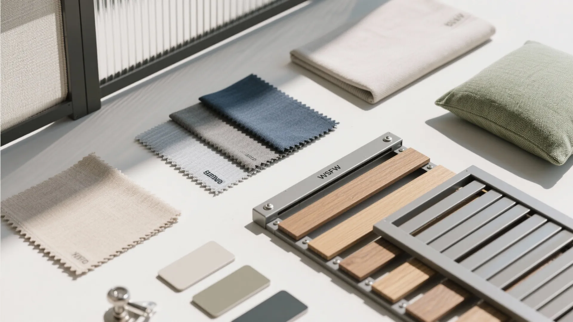 Flatlay of marine fabric, aluminum, wood slat samples, stainless hardware, and cushion textiles in neutral tones.