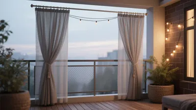 Cozy Balcony Design with String Lights and Sheer Curtains