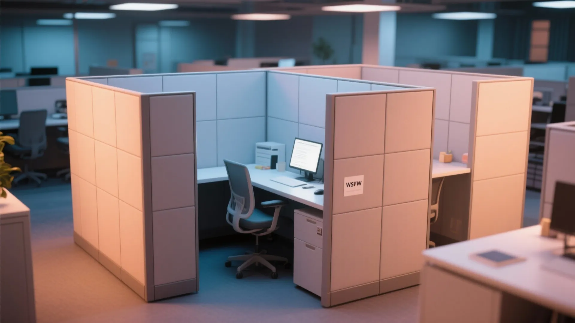 Single private office workstation with high white wall panels computer monitor chair and storage cabinet