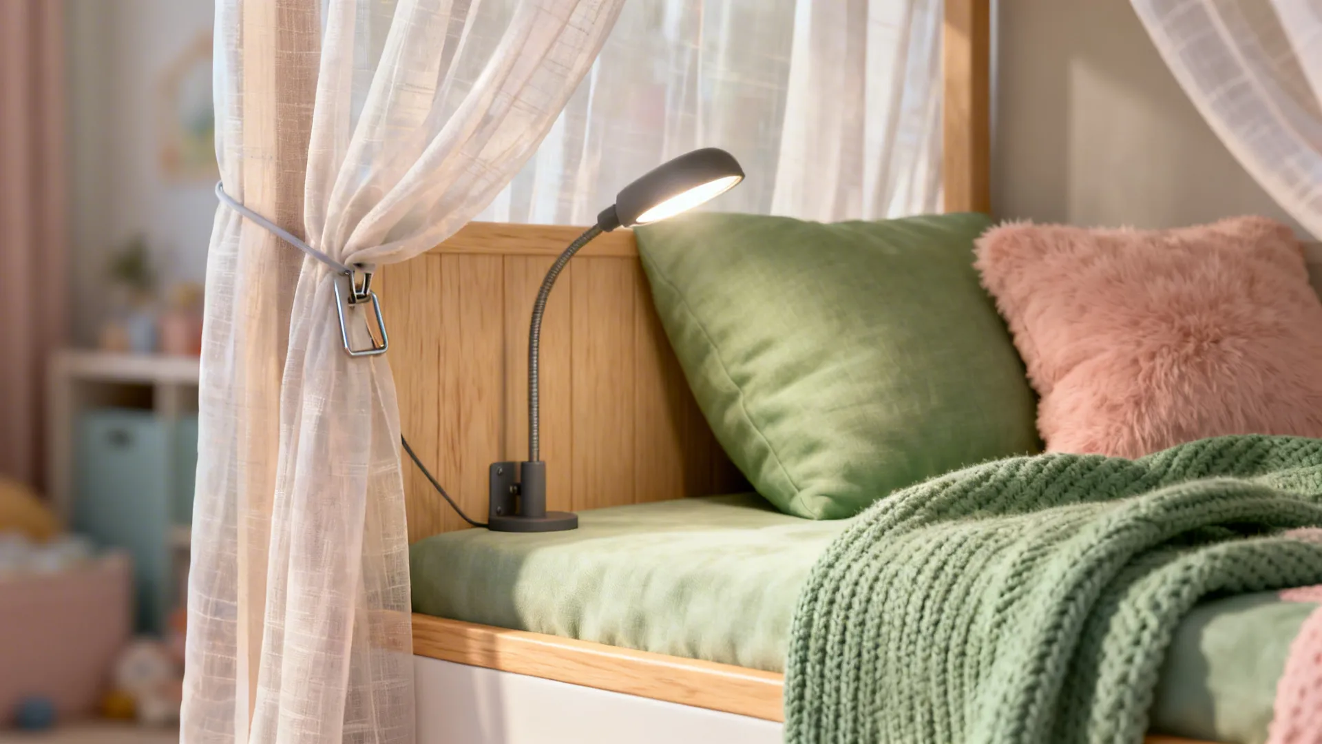 Macro view of a sheer canopy, clip-on reading light, and soft textiles creating a quiet corner.