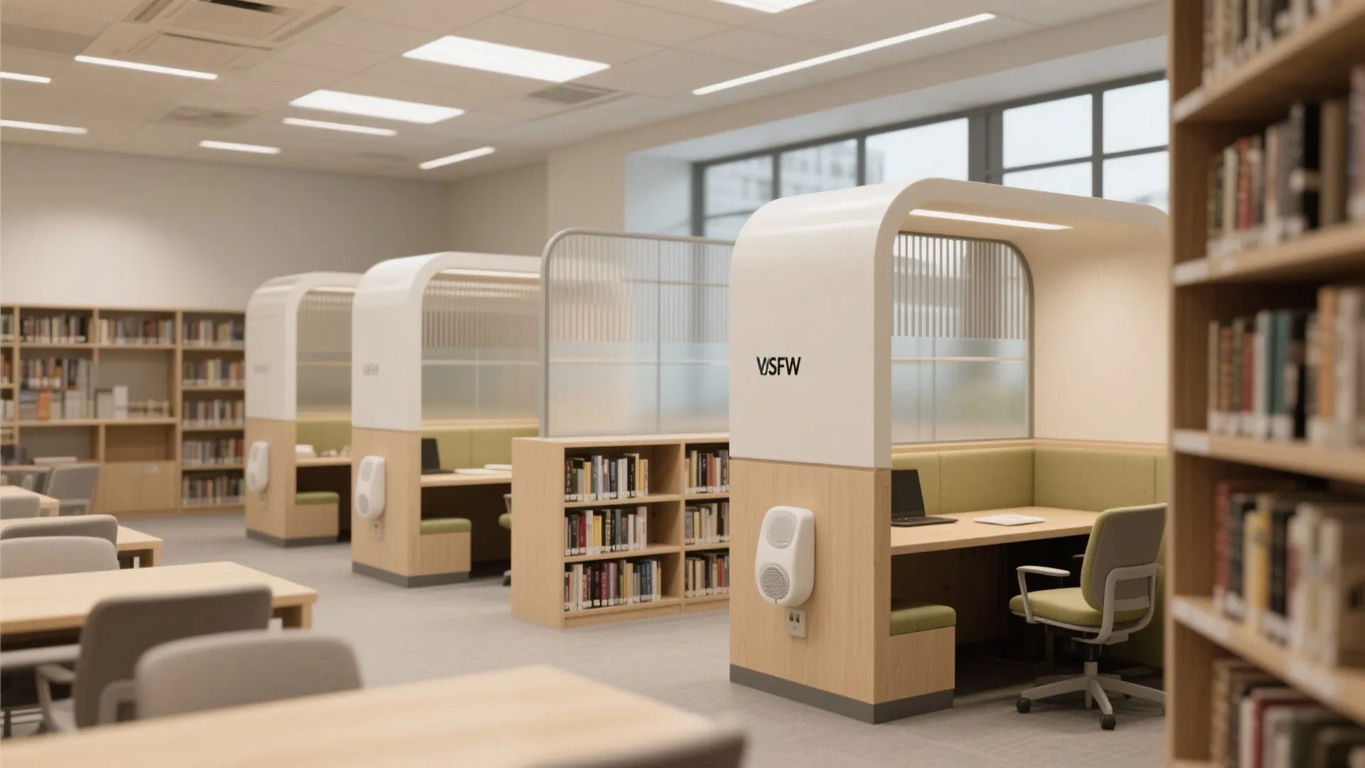 Modern office library with private wooden work booths green chairs bookshelves and bright ceiling lights