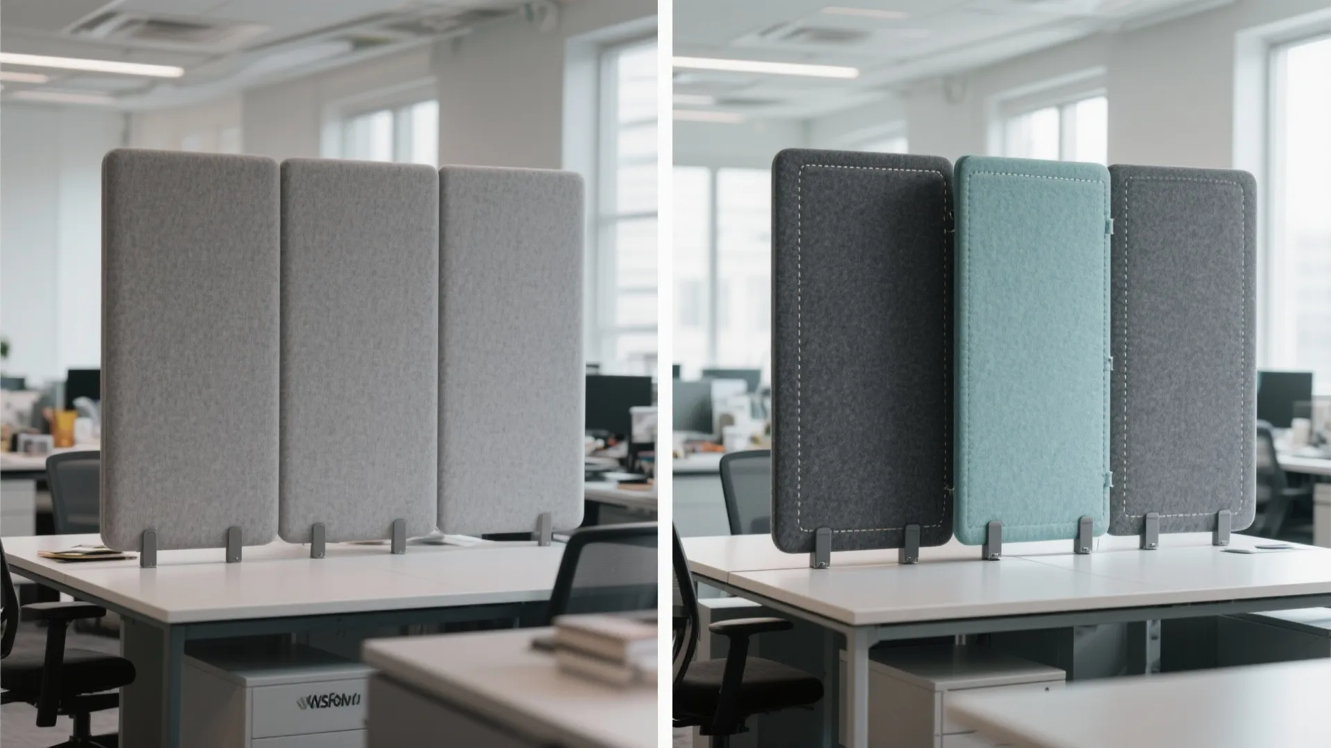 Side by side comparison of grey and colorful fabric desk dividers in a modern office