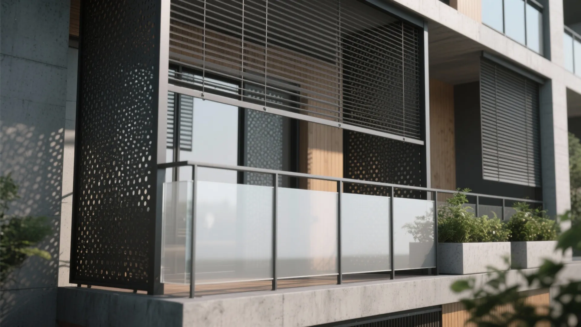 Privacy-first balcony railing with perforated panels and angled slatted screens filtering light and views.