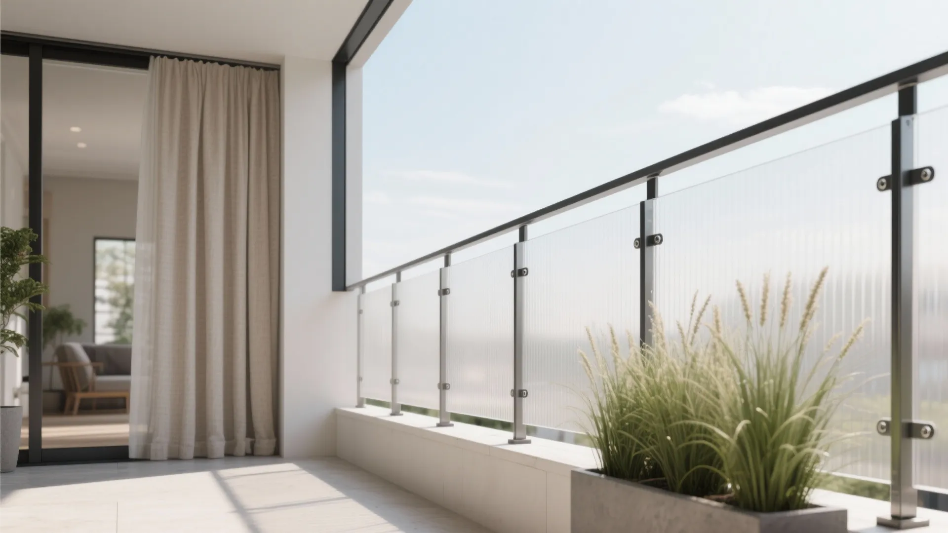 Clear privacy: glass or polycarbonate panels + curtains