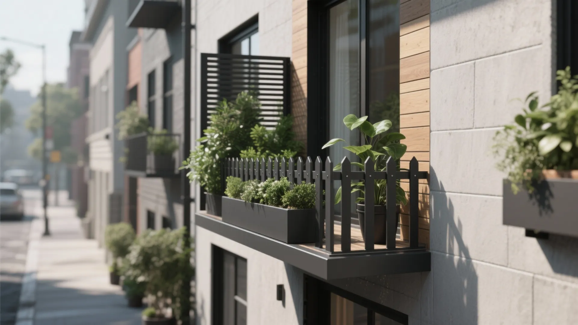 4) Privacy-Friendly Rails with Planters and Screens