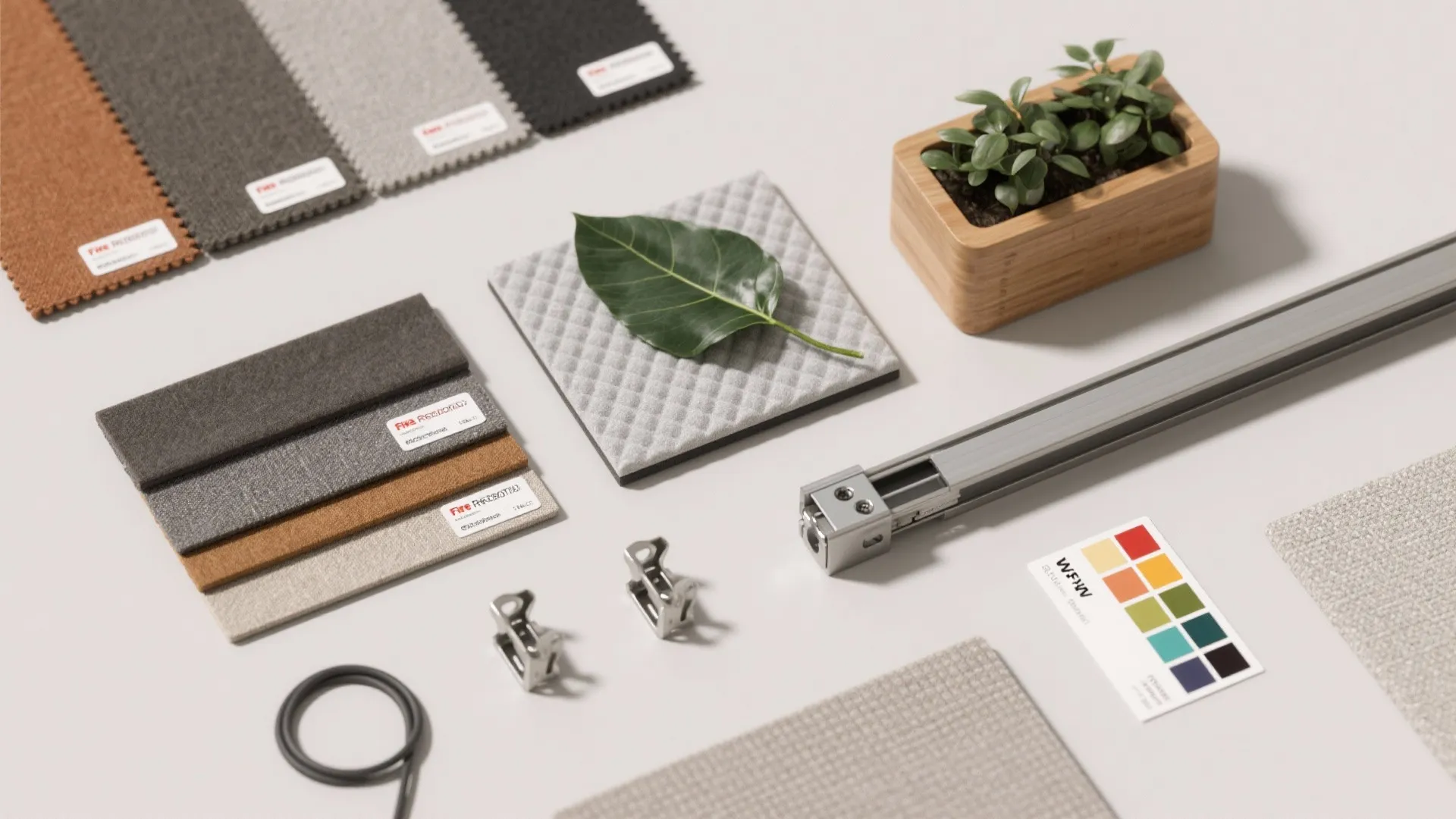 Fabric swatches color cards metal tracks and small green plant on a clean white work surface