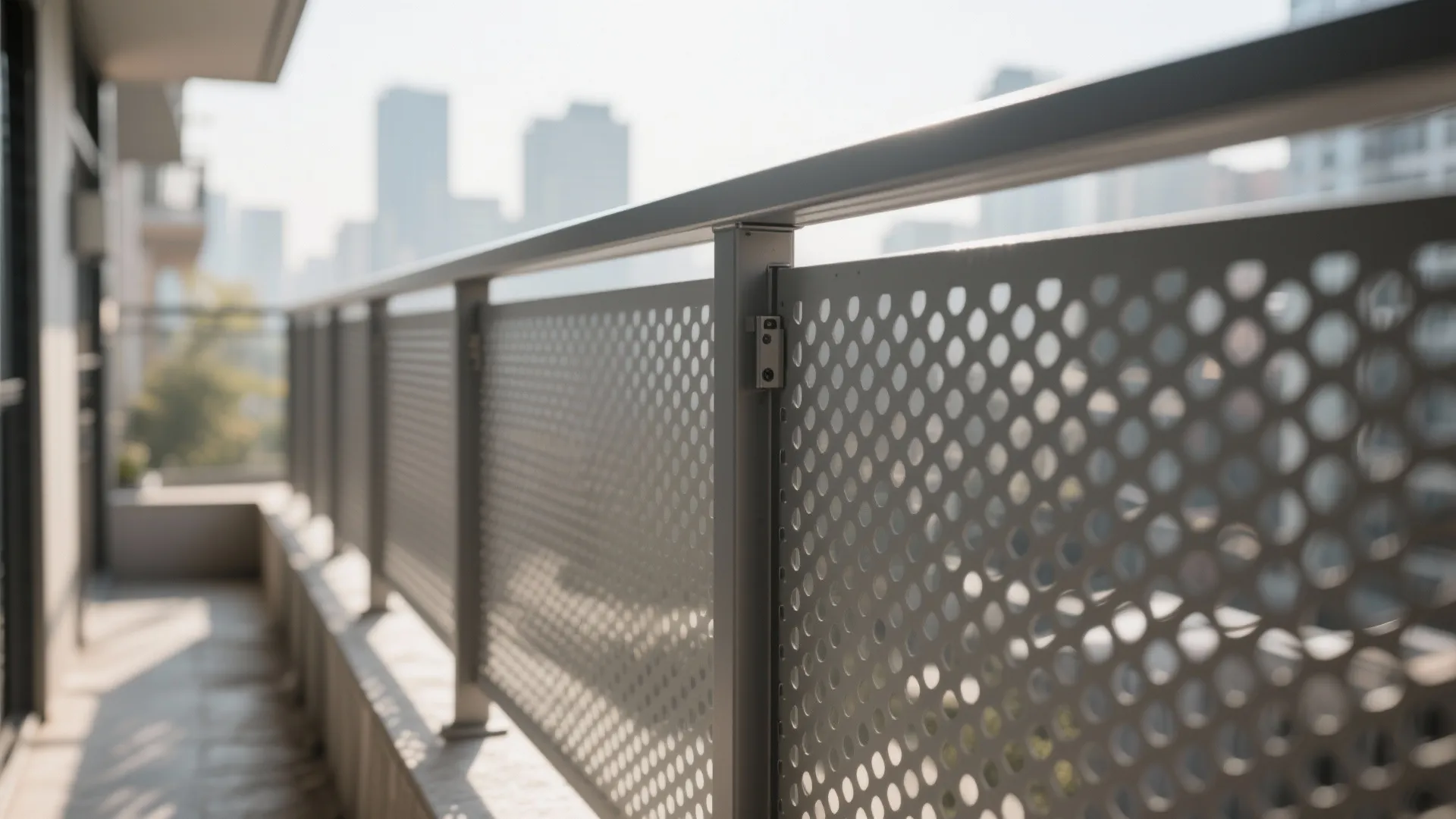 Grey metal privacy screen with small holes installed on a balcony overlooking blurred city high buildings