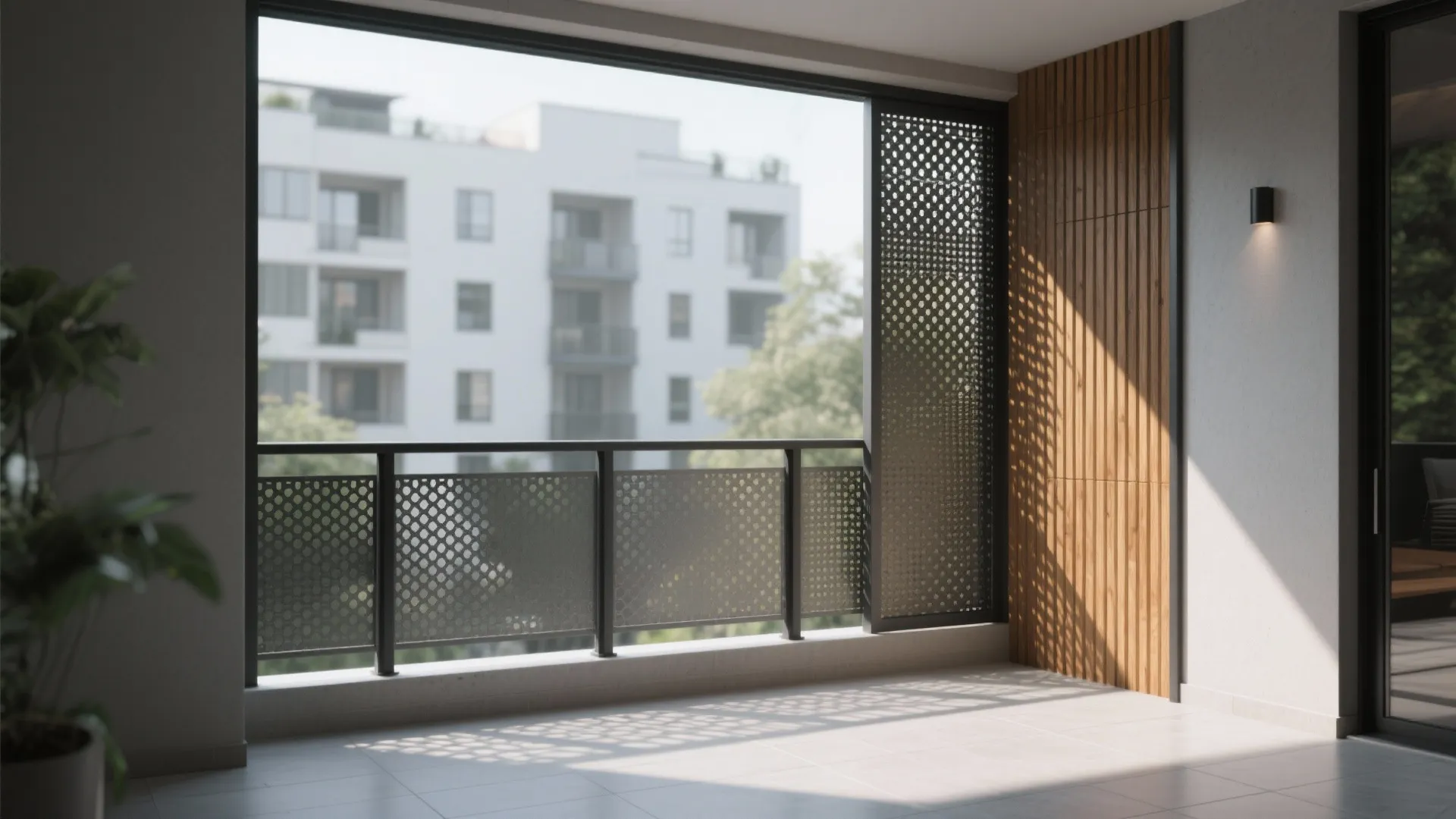 Modern balcony featuring black privacy screens vertical wood wall paneling floor tiles and city view