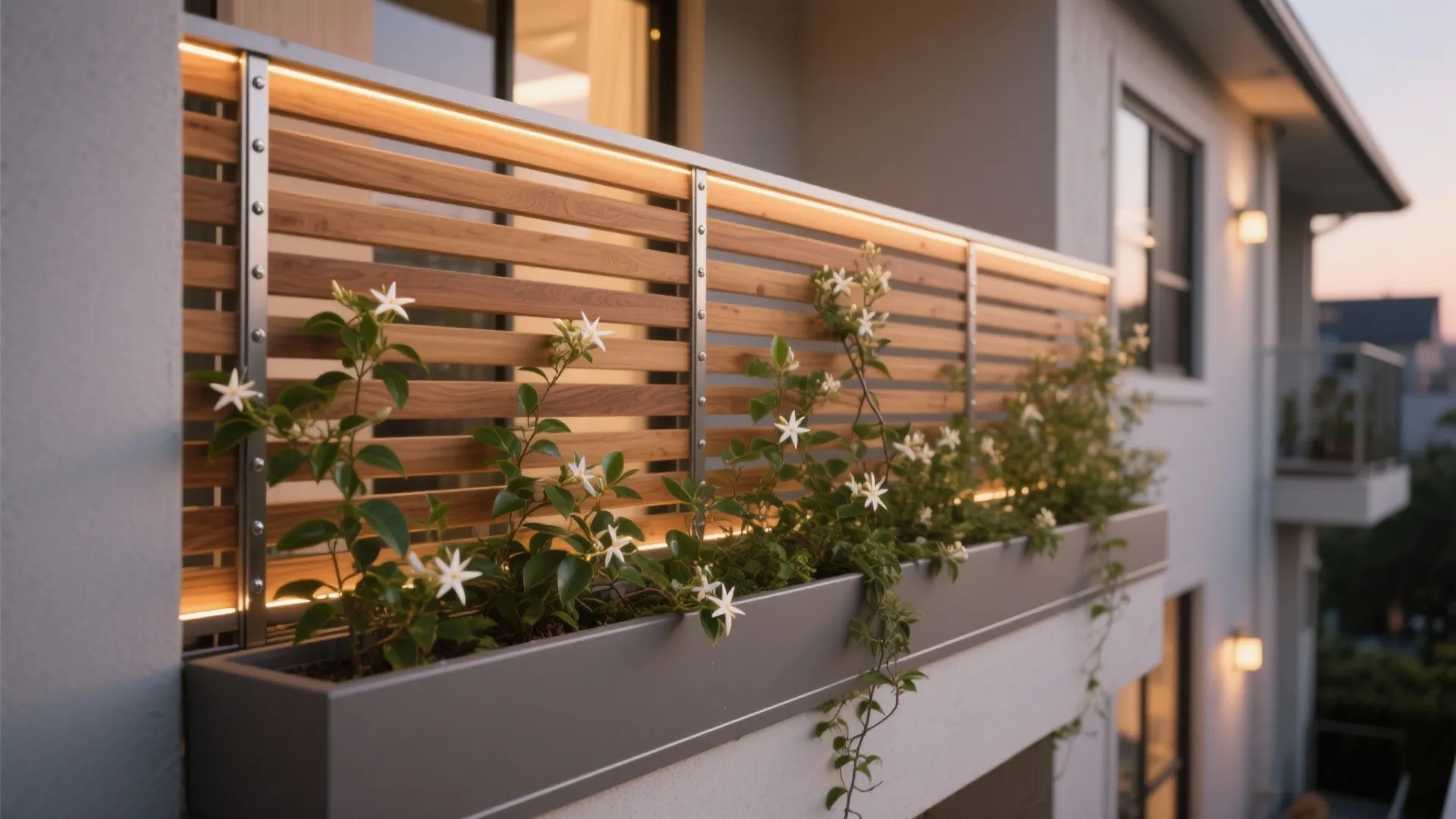 Cedar slatted privacy screen anchored to a shallow planter with star jasmine climbers and warm evening glow.