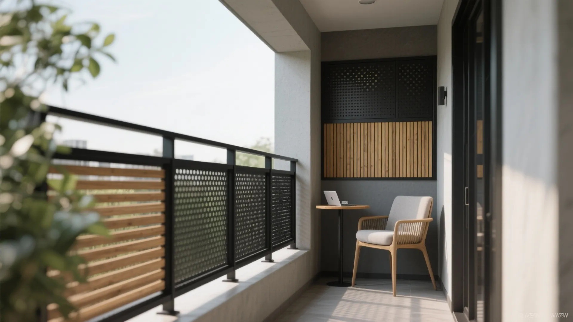 Balcony nook with a matte-black guard and a partial slatted or perforated privacy screen, chair, and small table.