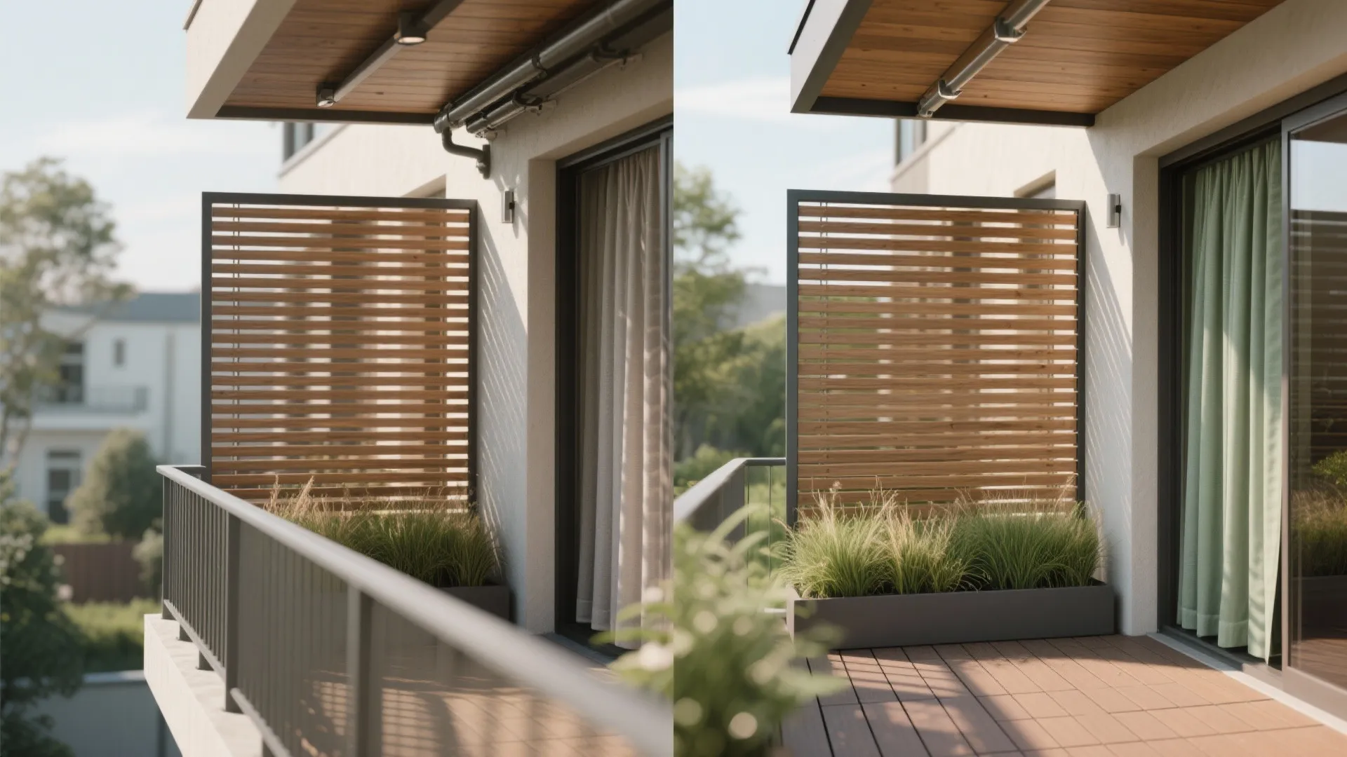 Before and after comparison of balcony privacy screen with wooden slats and green outdoor curtains