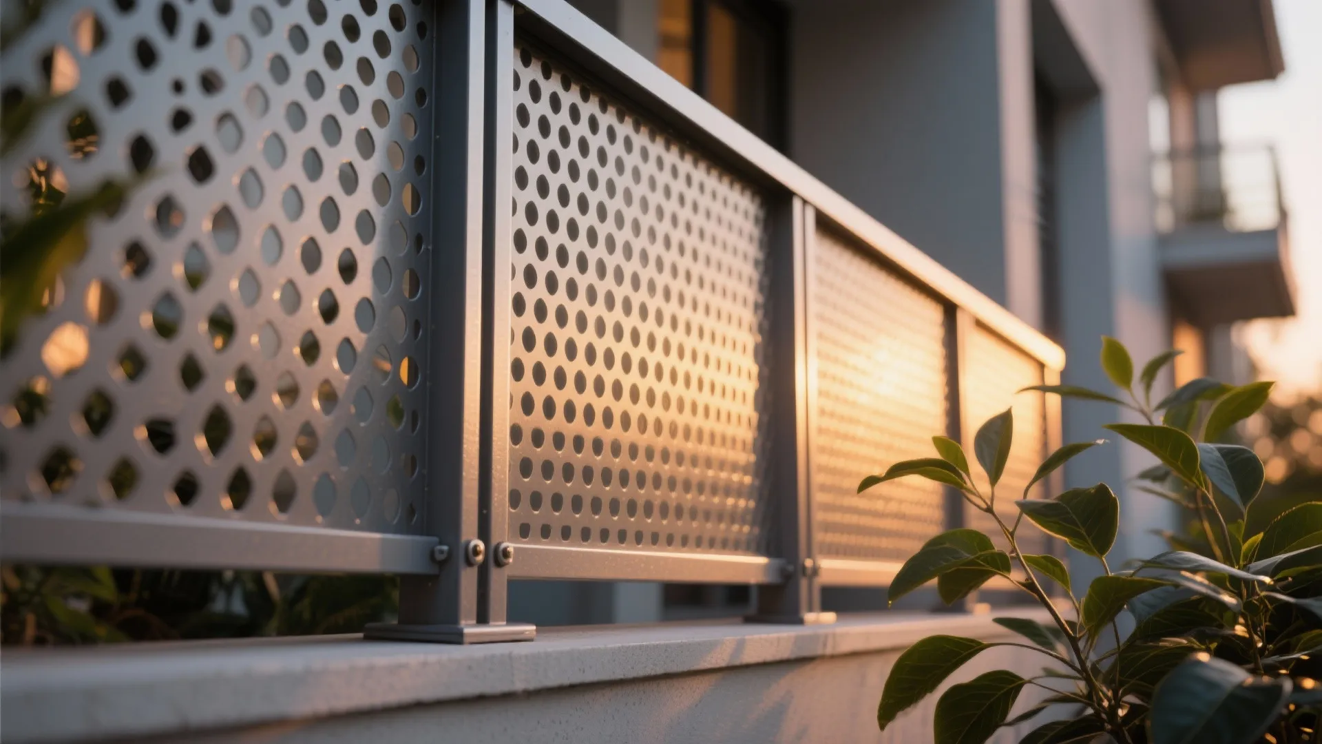 Macro of perforated metal privacy screen with warm light and powder-coated texture on a balcony.