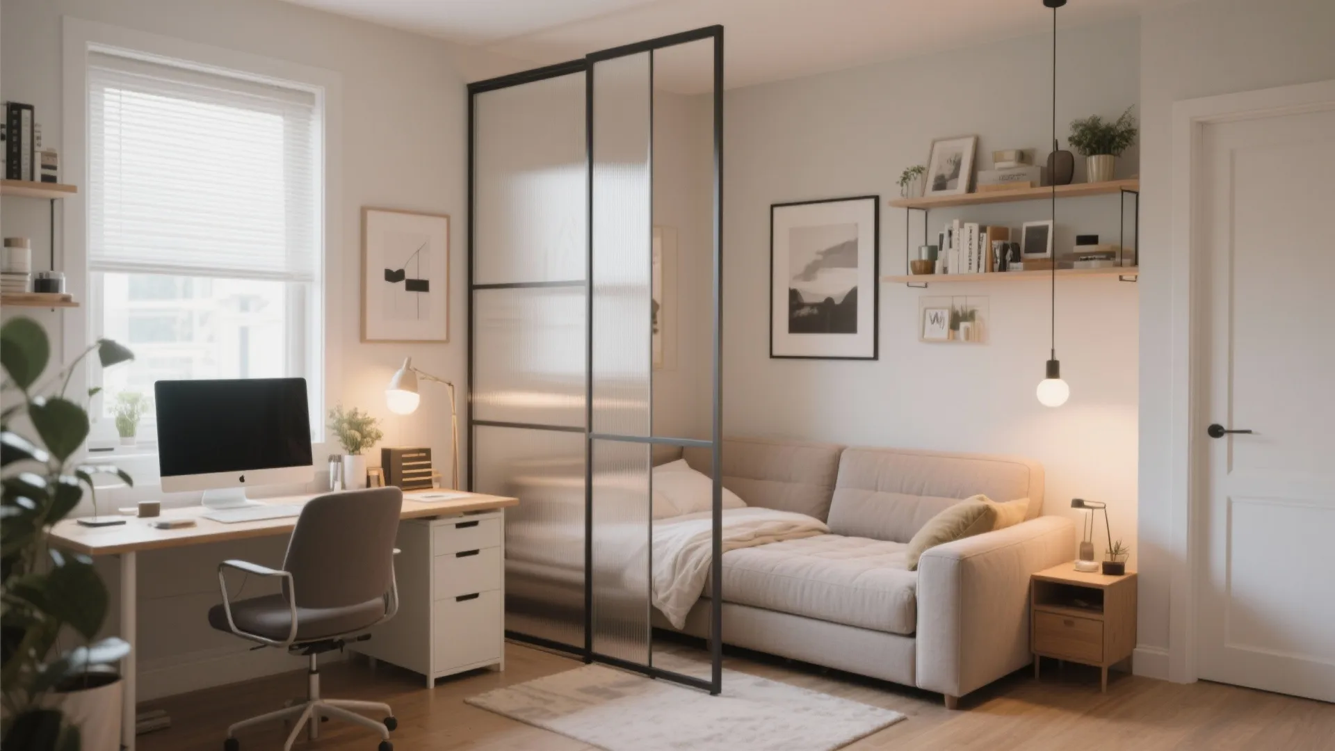 Privacy screen separates sleeper area in home office