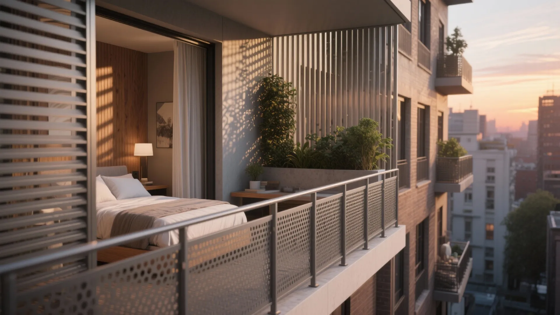 Urban upstairs balcony with perforated screens, louvers, and planters filtering street views.