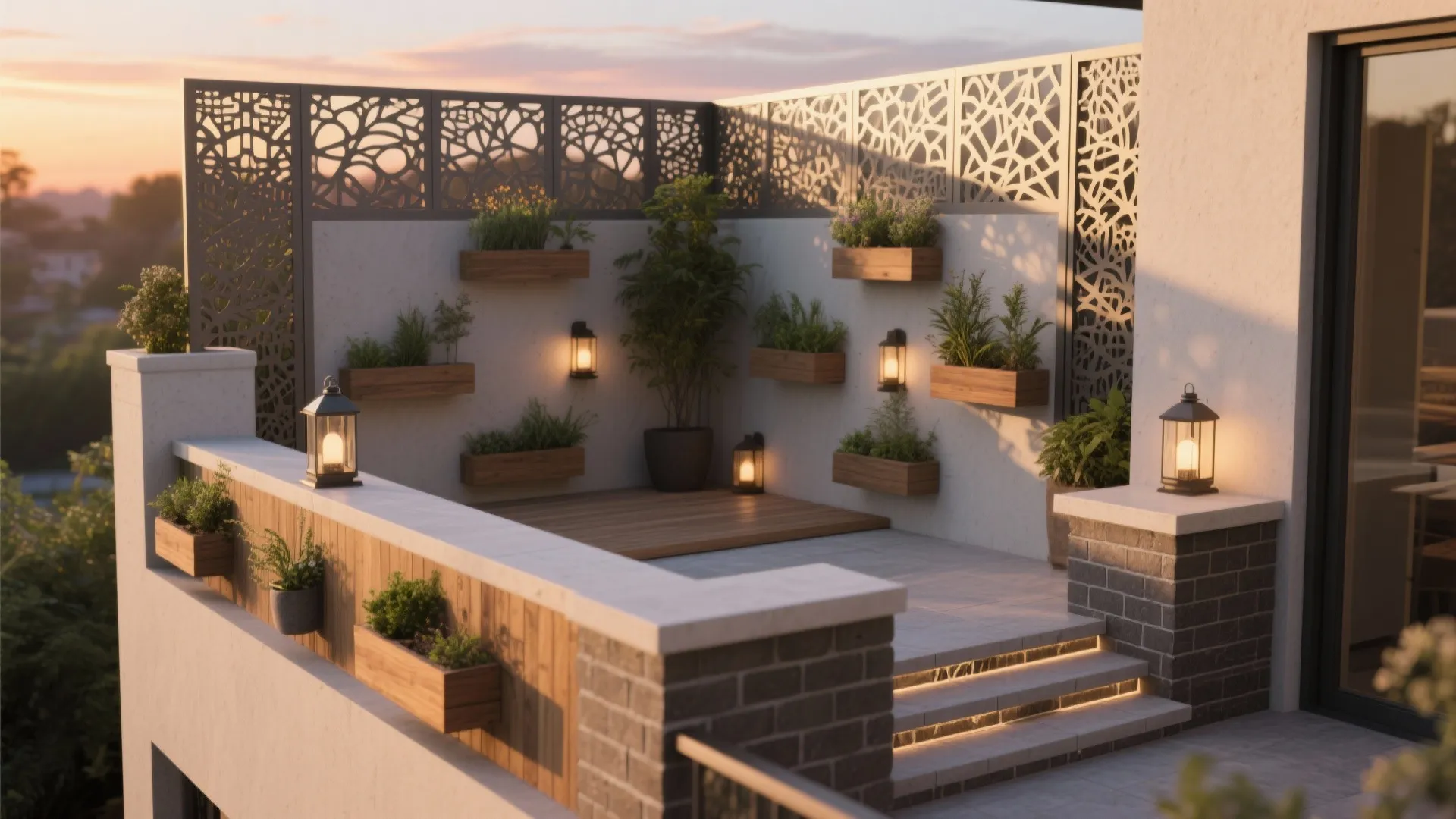 Privacy-forward parapets with screens and niches