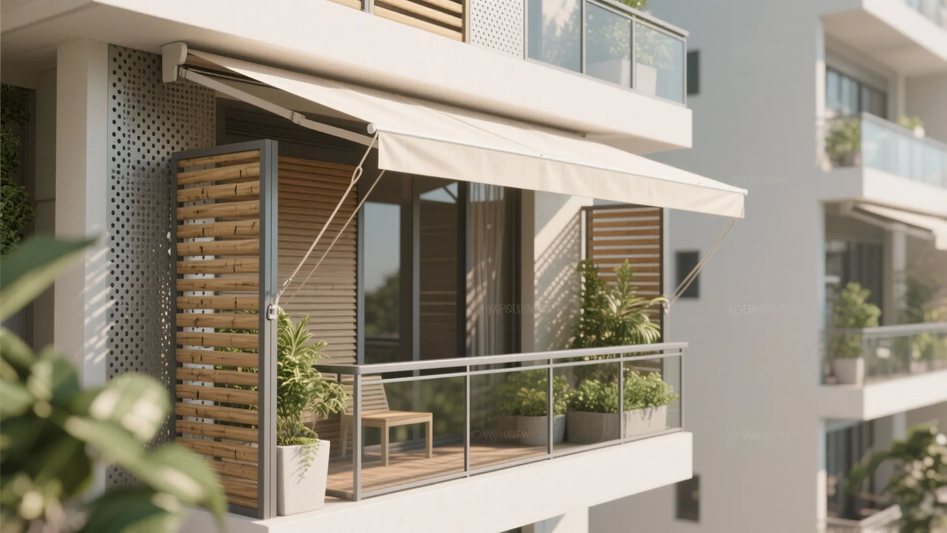 Apartment balcony with white awning, wooden privacy screens, green plants, and glass railing in sunlight