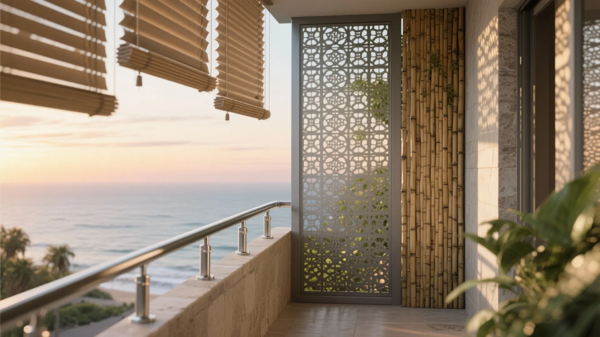 Balcony with bamboo wall and decorative screen looking out over the ocean during a sunset