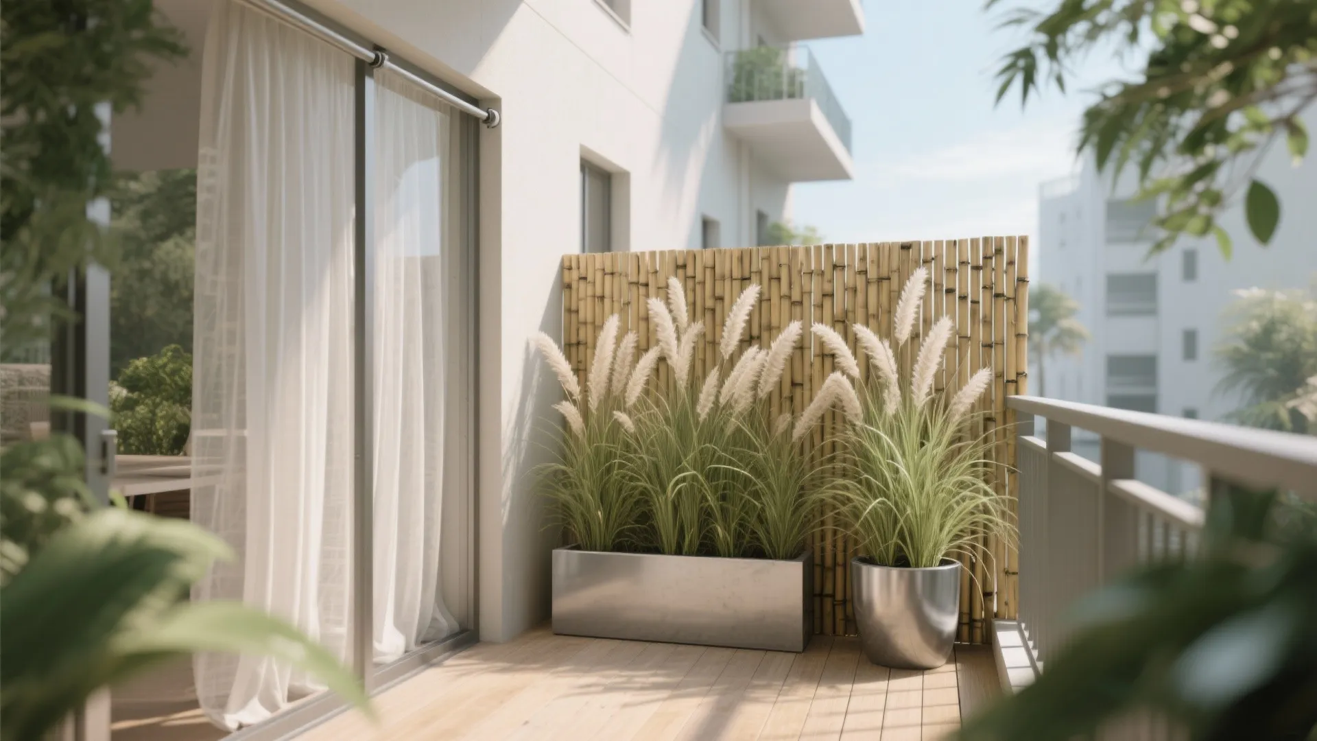 Apartment balcony featuring bamboo privacy screen tall potted grasses white curtains and wood deck floor