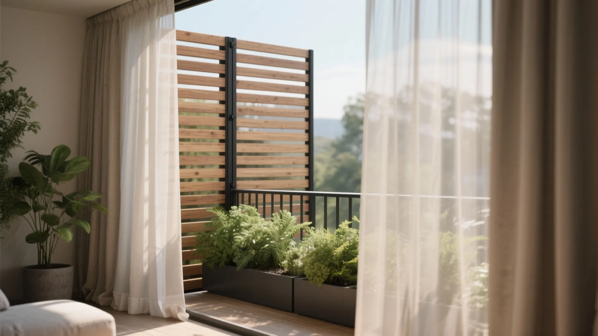 Modern balcony with a wooden privacy wall green plants white curtains and bright natural sunlight