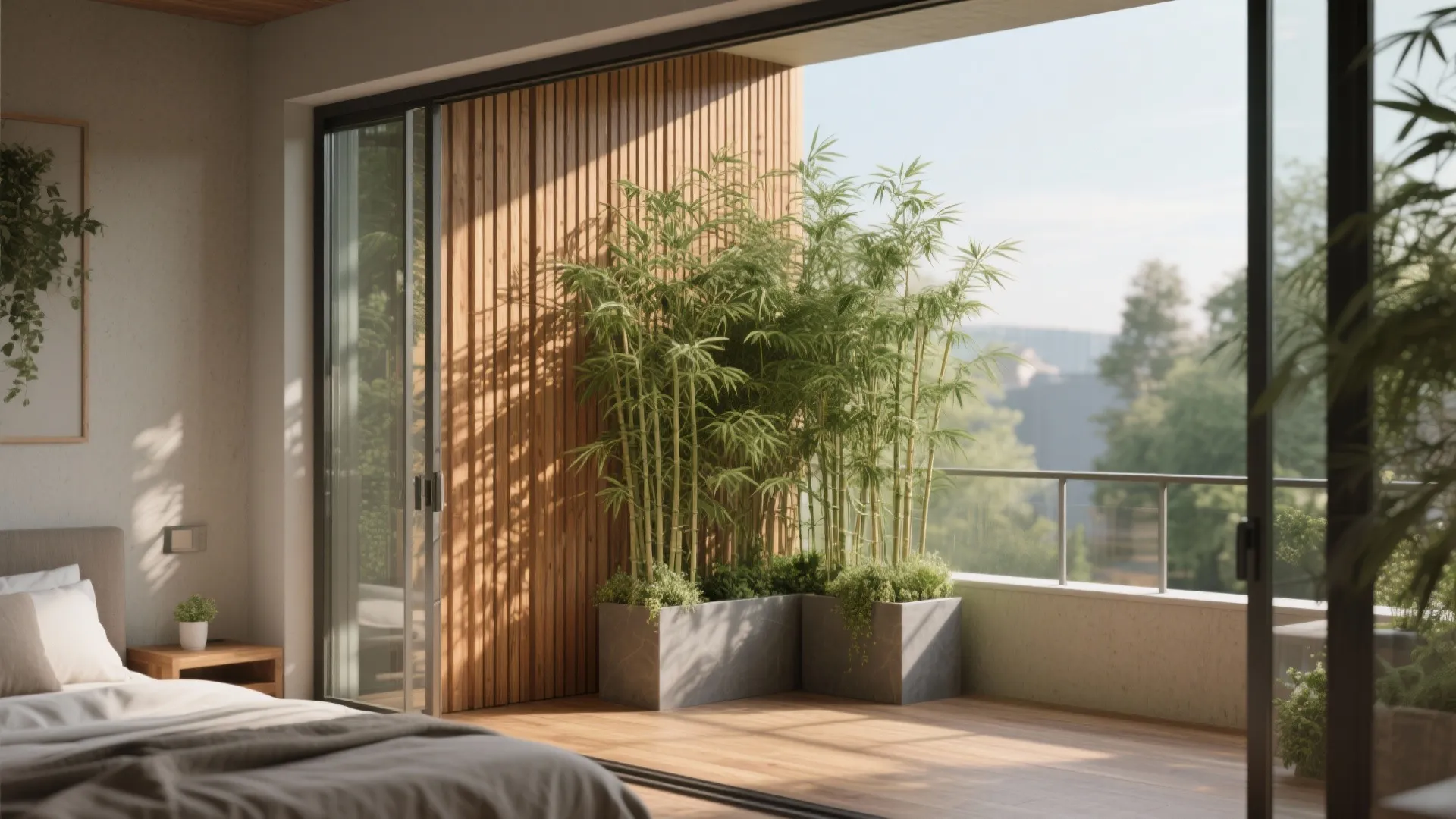Bedroom with glass doors opening to balcony featuring bamboo plants in planters for natural privacy