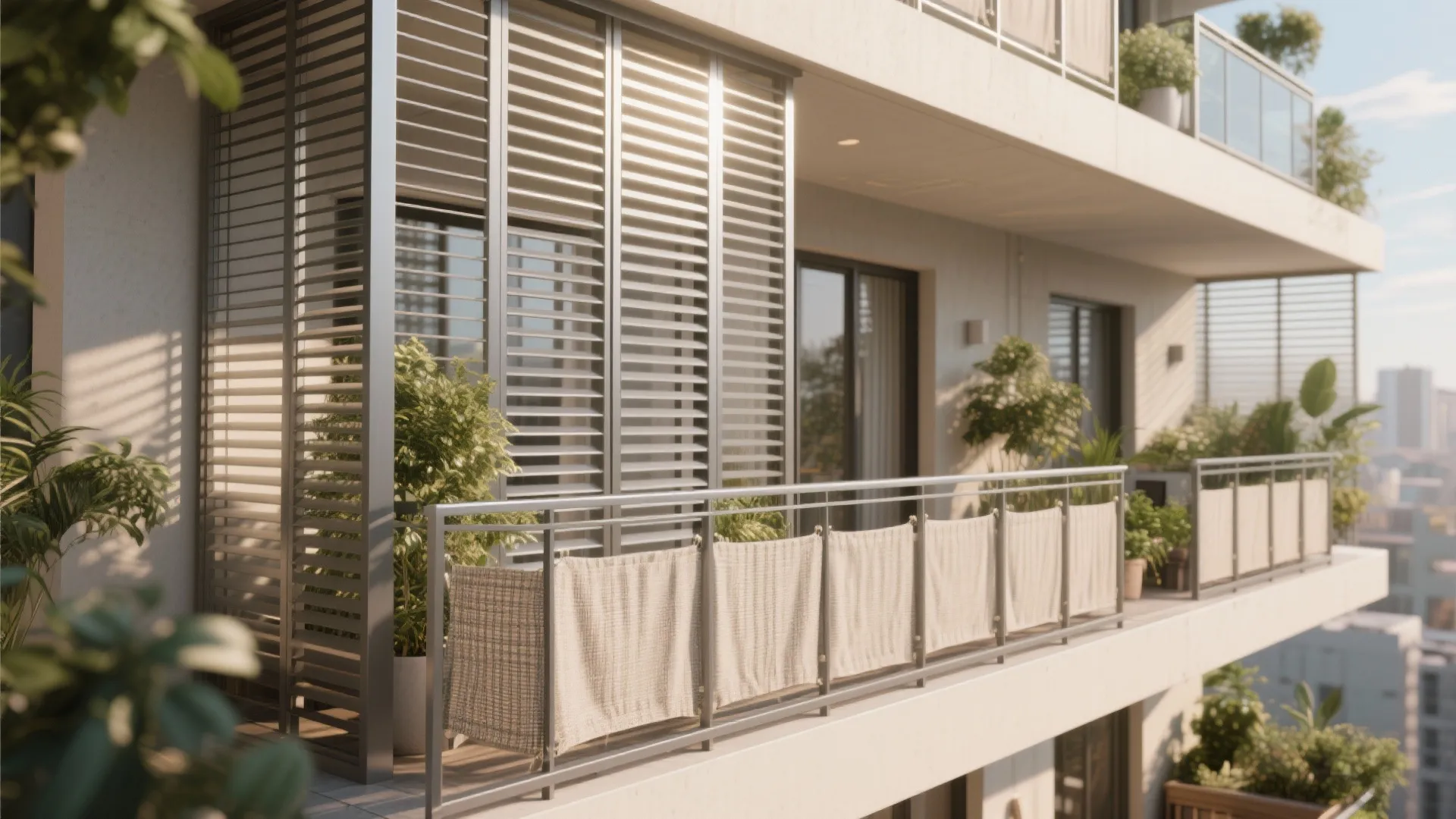 Apartment balcony with metal privacy screens and light fabric covers on the railing for shade
