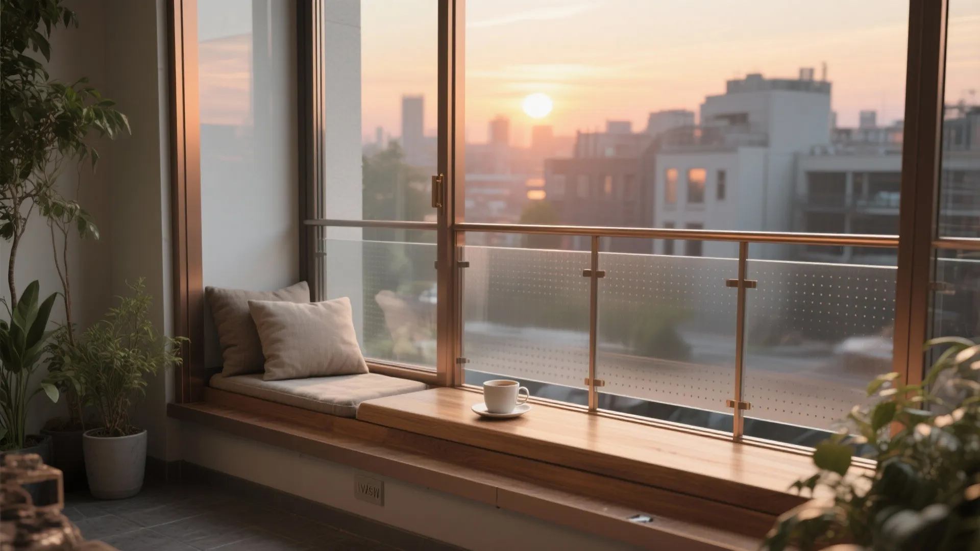 Cozy window seat with grey cushions and coffee cup overlooking city sunset with green plants