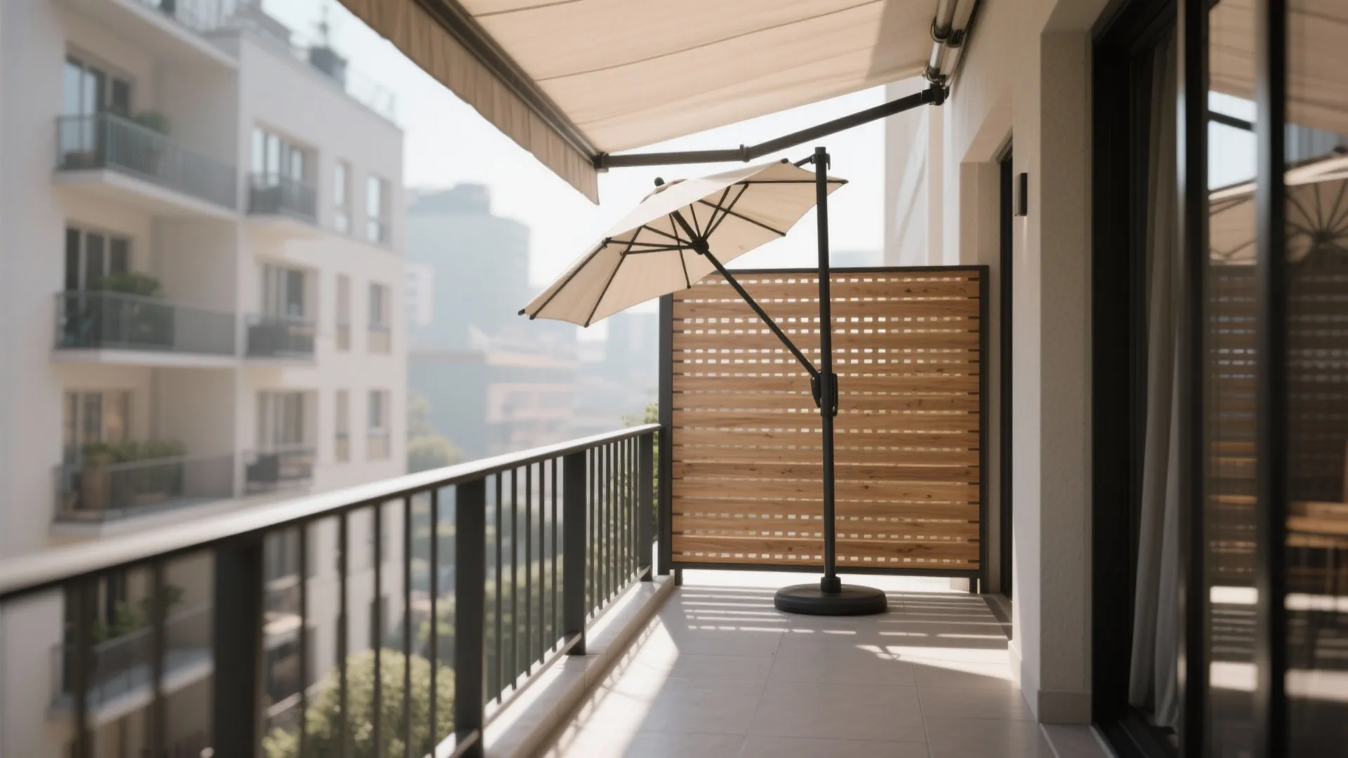Modern apartment balcony with black metal railing, tan outdoor umbrella, wooden privacy screen, and awning